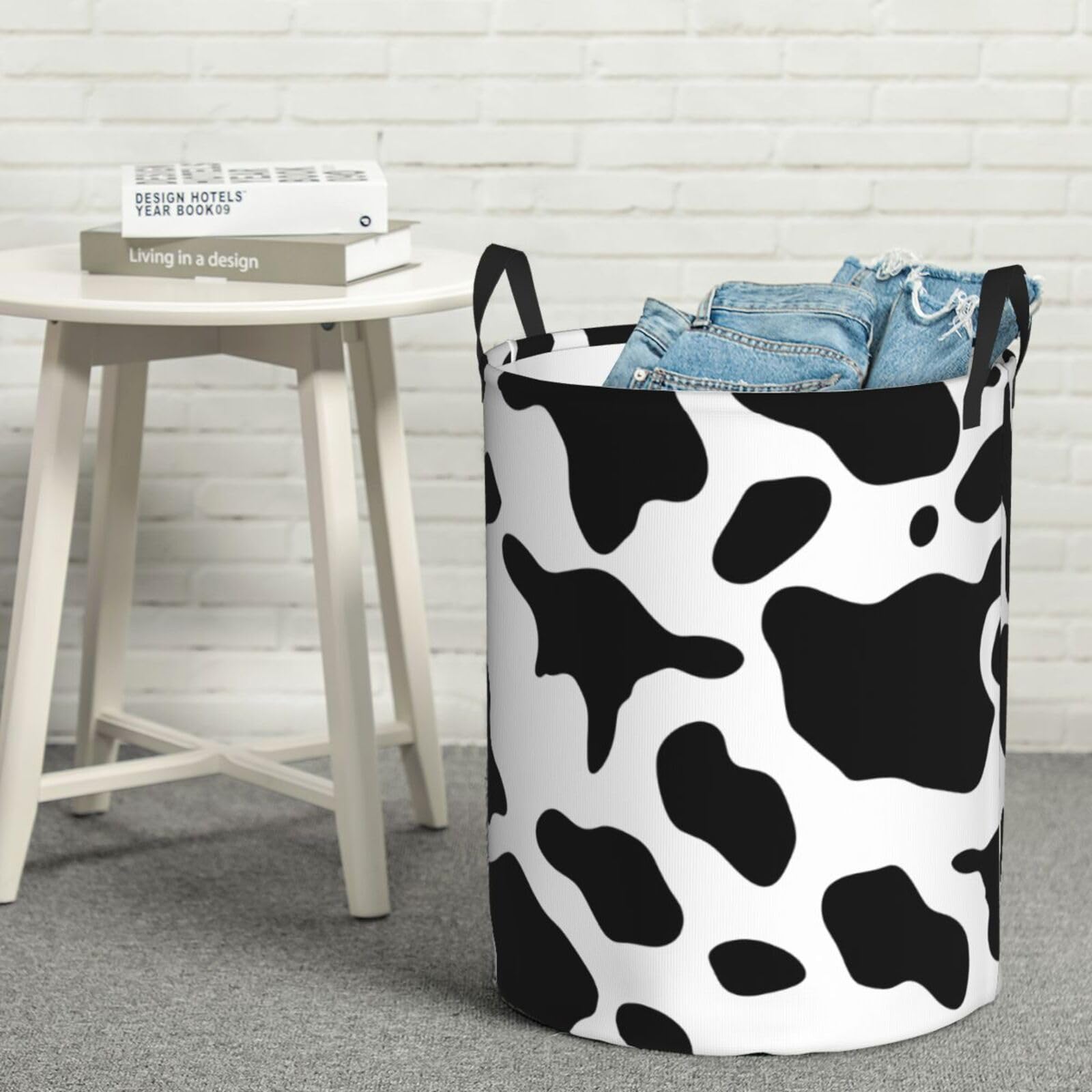 Fodpand Black And White Cow Print Laundry Basket With Handle, Freestanding Laundry Hamper, Collapsible Dirty Clothes Hamper, Waterproof Fabric Blanket Storage Basket Tall Toy Storage Bin Room Decor Medium
