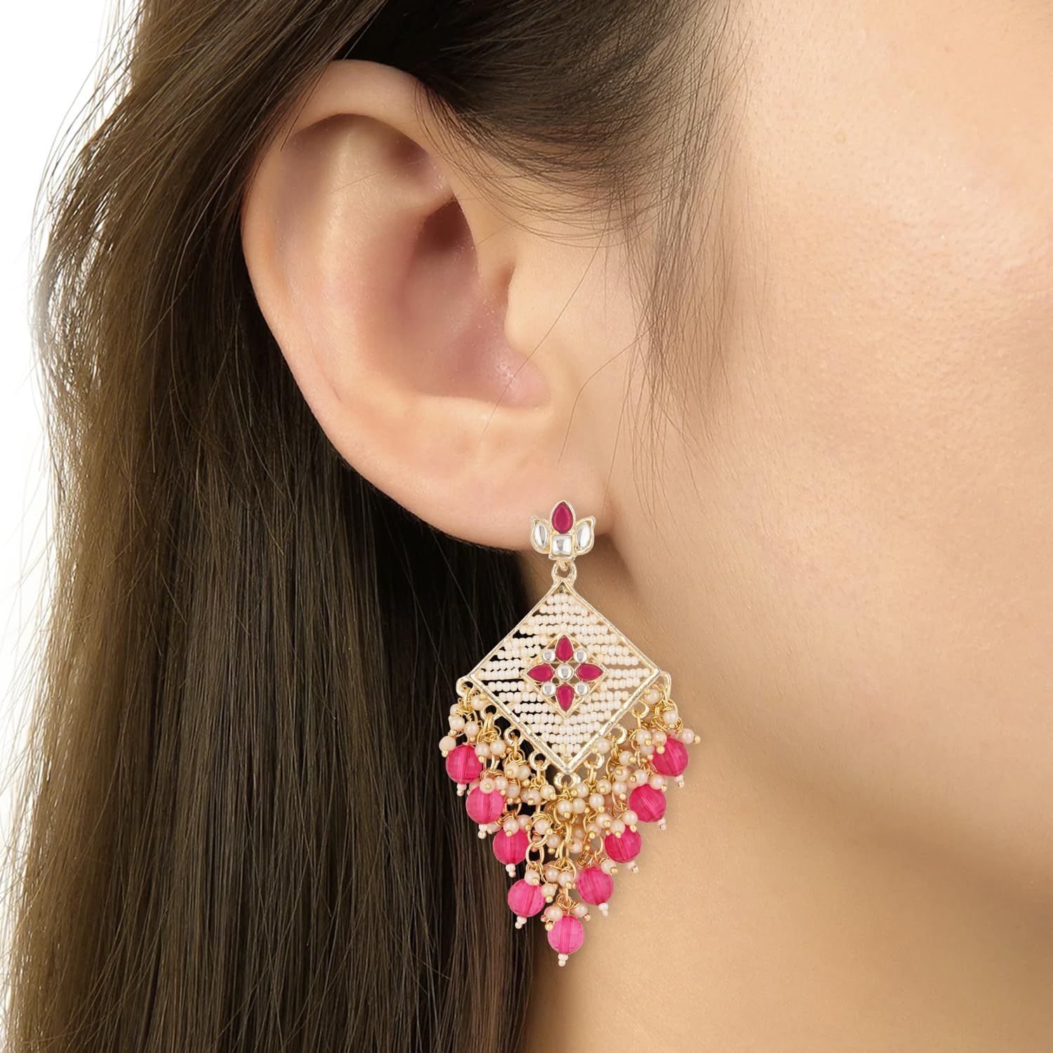 I Jewels Gold Plated Indian Wedding Bollywood Kundan Pearls Dangle Earrings For Women (E2943)