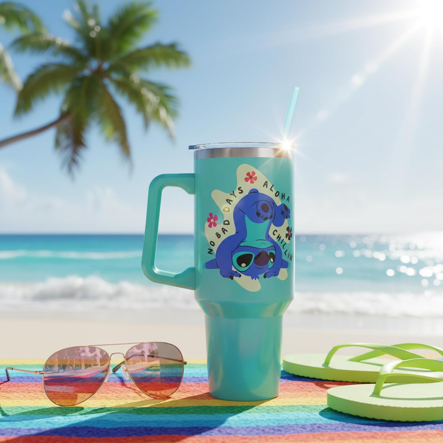 Silver Buffalo Disney Lilo and Stitch Aloha No Bad Days Chillin’ Double Walled Stainless Steel Tumbler with Handle and Straw, Fits in Standard Cup Holder, 40 Ounces - Image 10