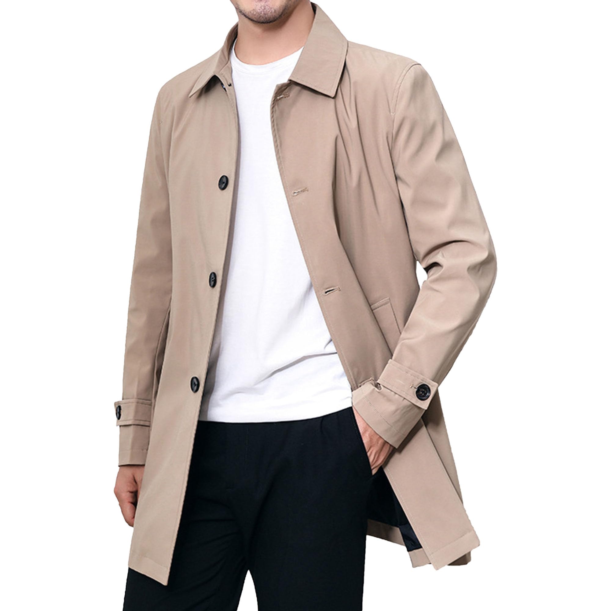 JEKE-DG Men's Classic Notch Lapel Outwear Single Breasted Mid Long Trench Jacket Lightweight Windbreaker With Pocket (XX-Large,Khaki)