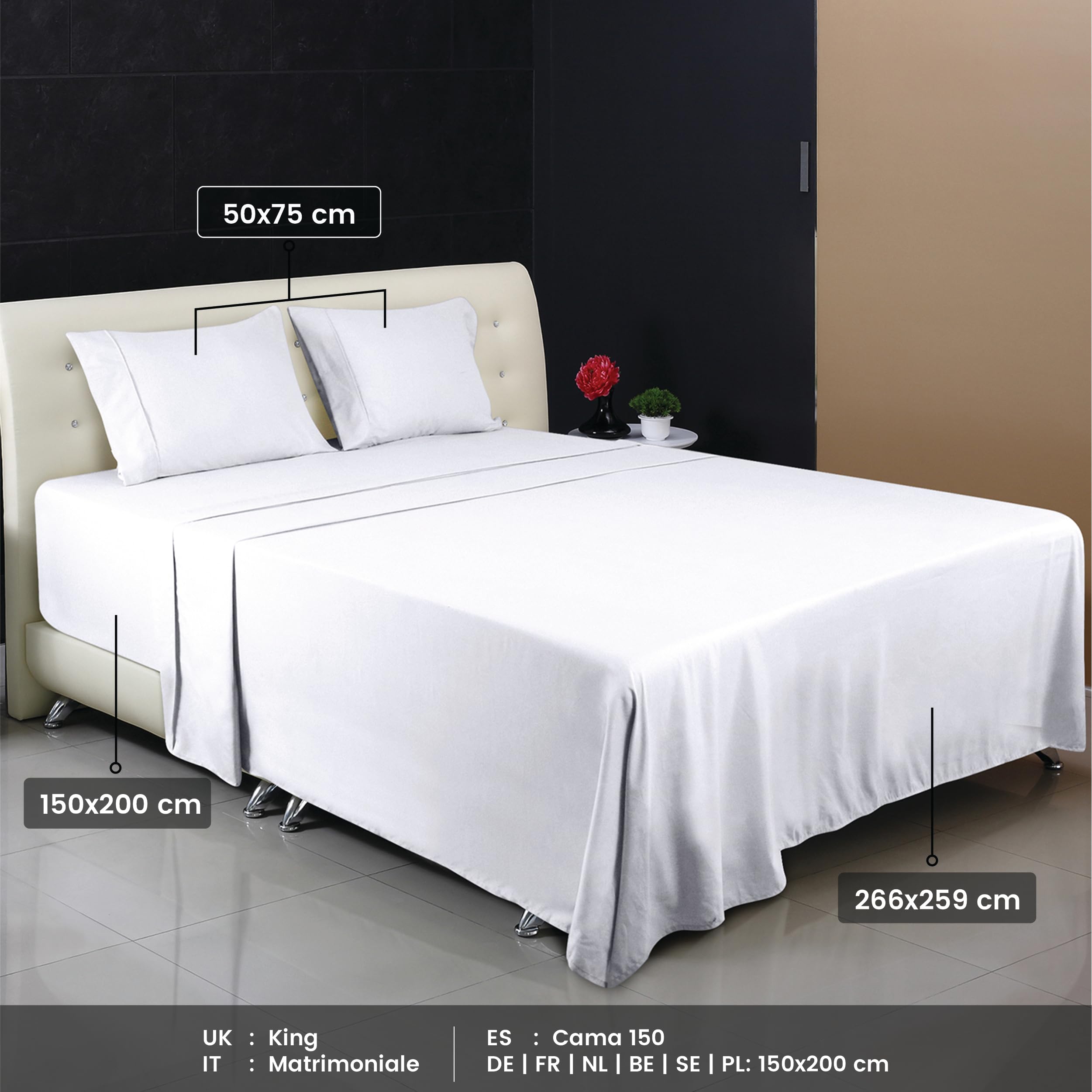 Utopia Bedding - Set Lenzuola Matrimoniali 4 Pezzi 150x200 cm - Set Lenzuola Letto, Spazzolata Poliestre di Microfibra - Lenzuolo con Angoli, Lenzuolo Piatto e 2 Federe 50x75, Bianco
