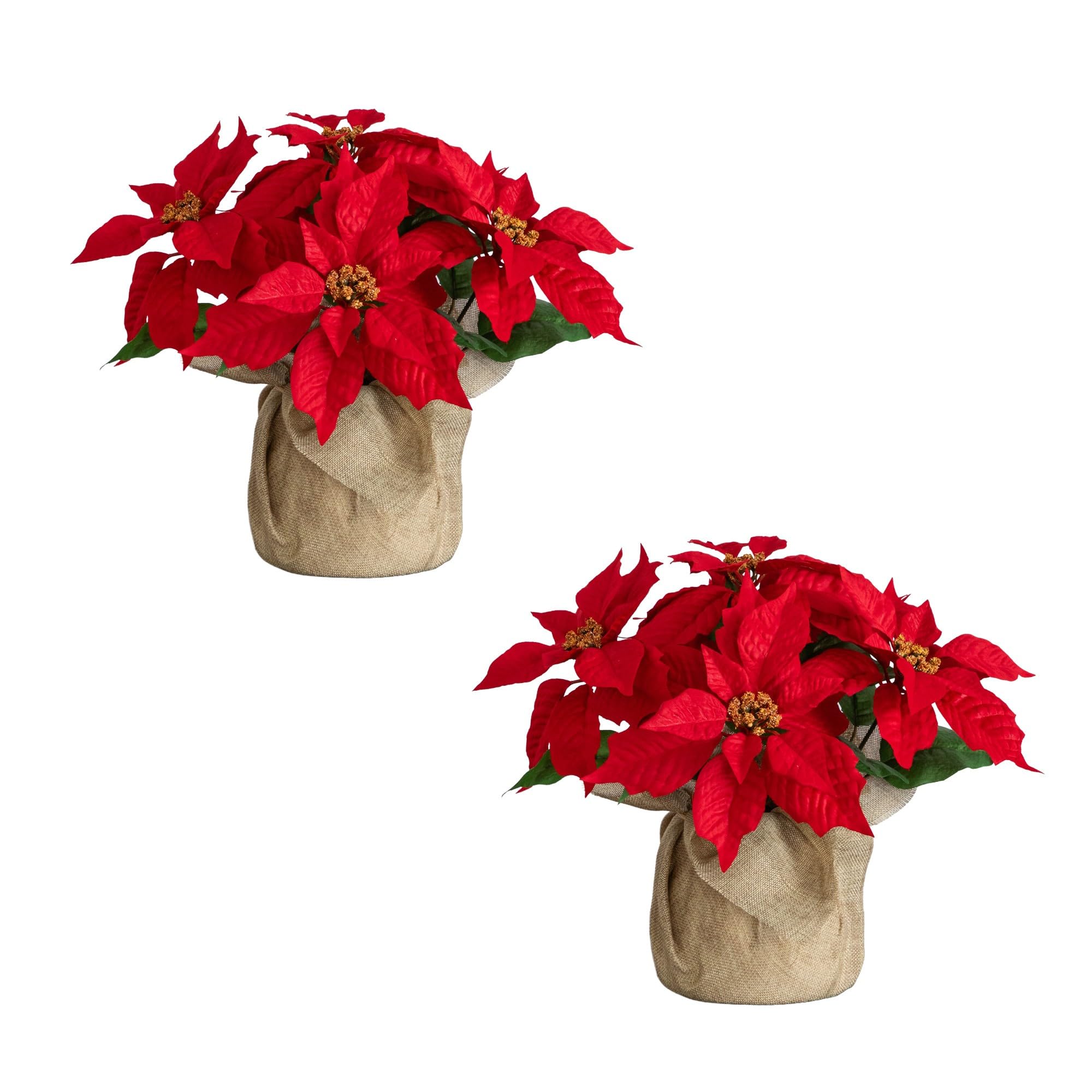 Nearly Natural 13in. Artificial Poinsettia in Burlap Planter, Set of 2