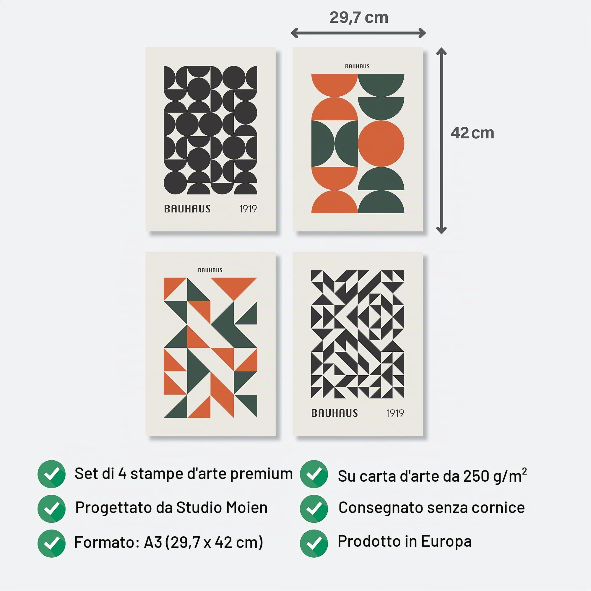 Studio Moien Bauhaus - Set di 4 poster in formato A3, per casa, cucina, ufficio, camera da letto, soggiorno