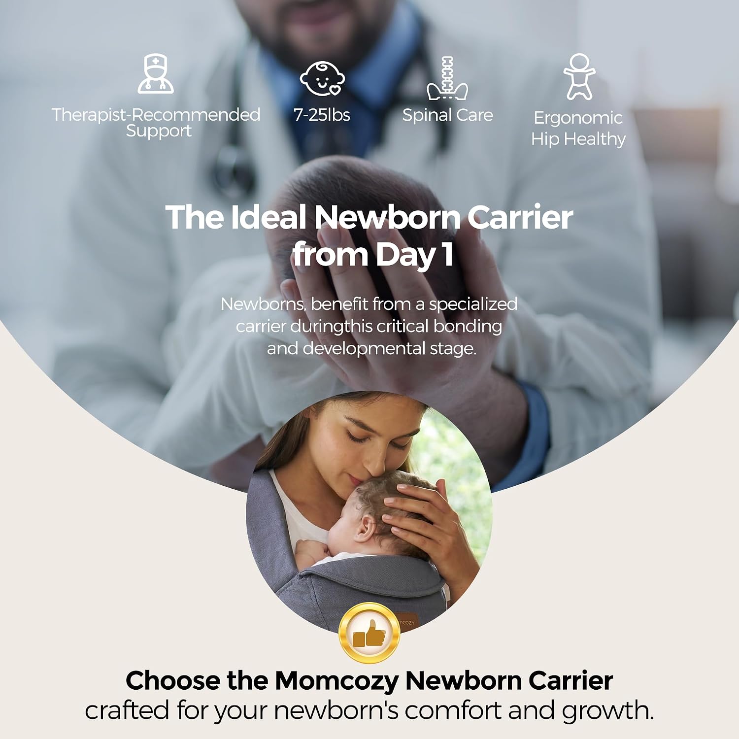 Momcozy Newborn Carrier WeeSnug- Lightweight and Cozy Comfort for 7-25 lbs, Ergonomic Cross-Back Support, Effortless to Put On, Hands-Free Baby Carrier with Lumbar Support, Gray