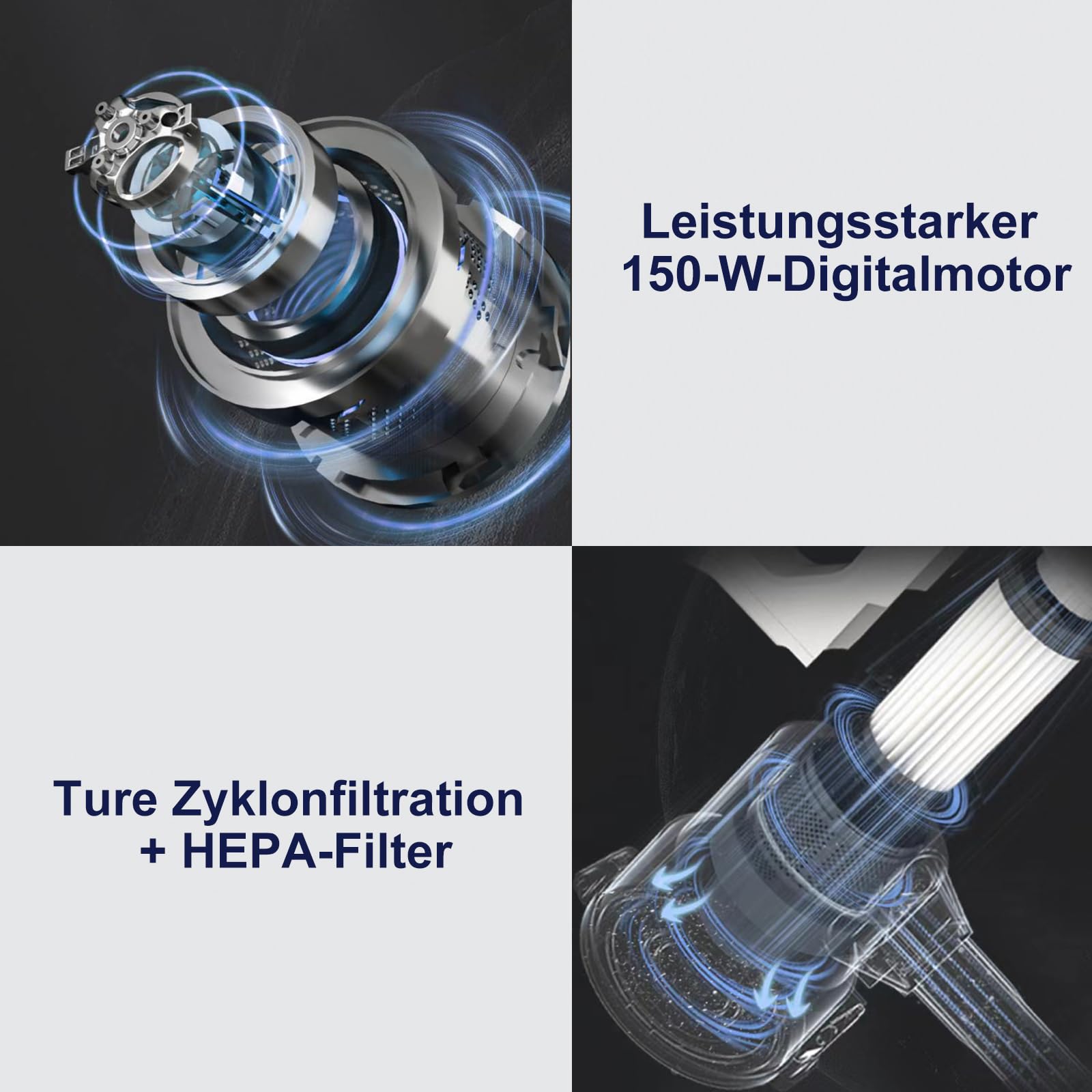 Akitas V8 3in1 Akku Staubsauger Kabellos Hand und Vertikal Leicht 22,2 V 150 W Wiederaufladbarer Lithium-Akku für Böden, Teppiche, Tierhaare