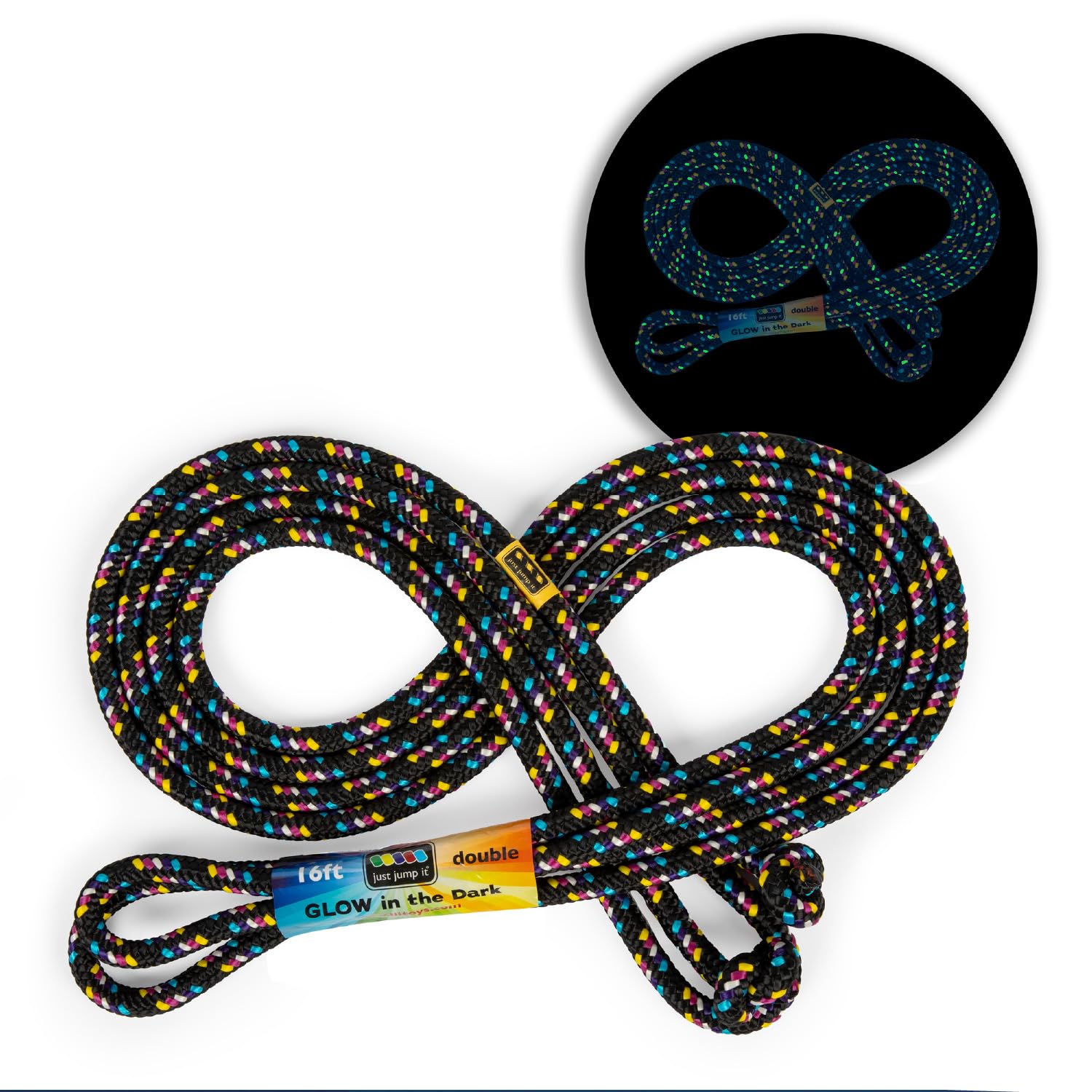 Just Jump It 16 Foot Glow in the Dark Jump Rope for Kids, Active Outdoor Youth Fitness Exercise Equipment, Braided Nylon Gym Accessories, Black
