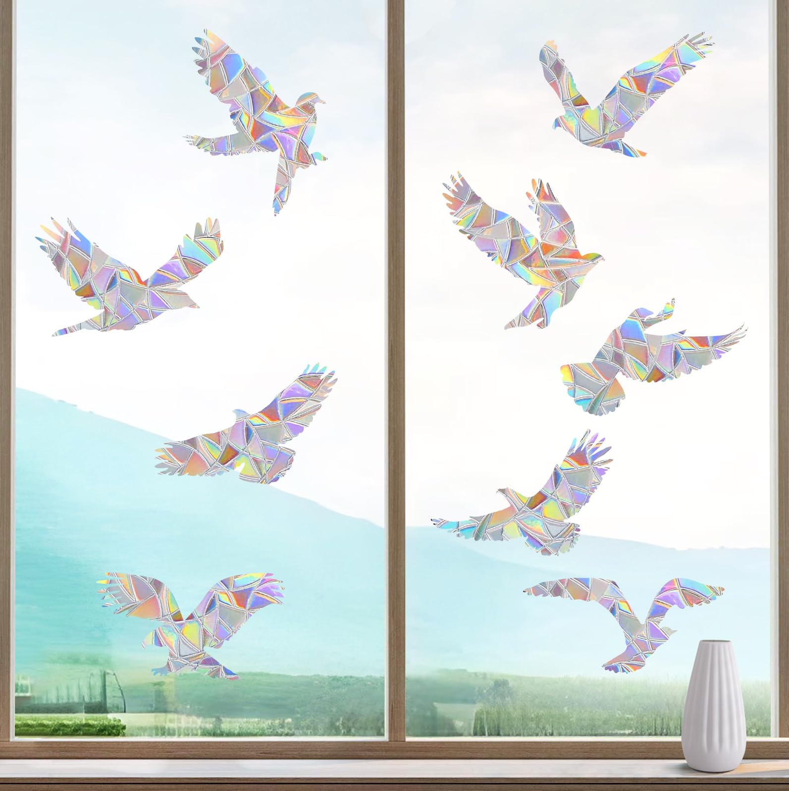 HOOWA Prisma Vogelschutz Fenster Fensterbilder Vögel Große 27-31cm, 9 Stück Regenbogen Folie Fenster Fenstersticker, Suncatcher Sticker Prisma Fensteraufkleber Vogelschutz für Glasscheiben