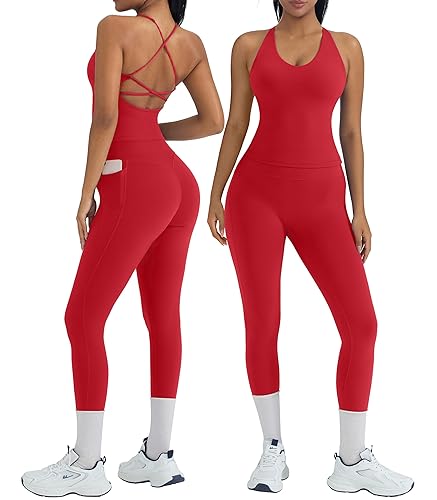 OMKAGI 2 Piece Workout Sets for Women Padded Workout Tops