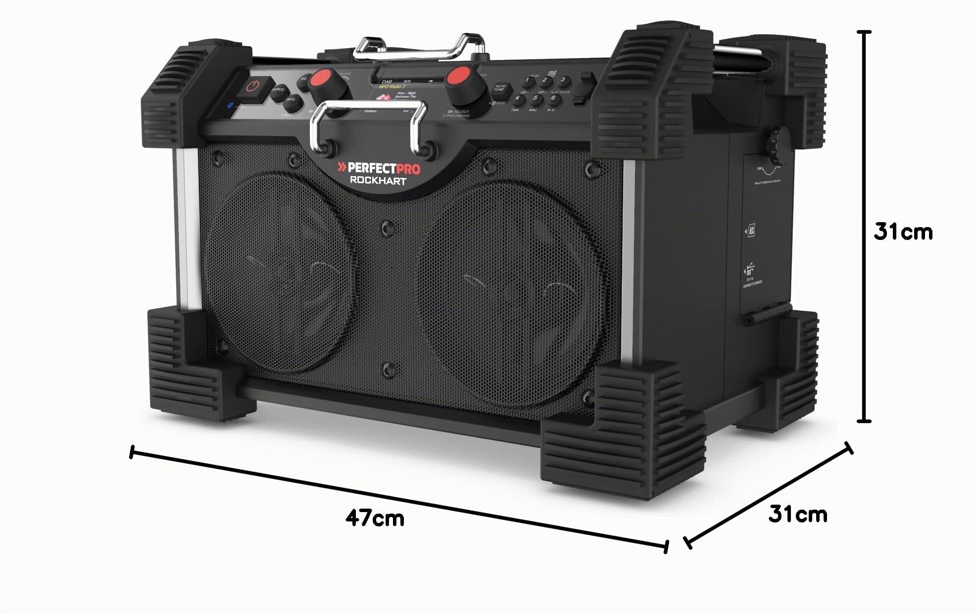 PerfectPro Baustellenradio ROCKHART, DAB+ und UKW-Empfang, Bluetooth, AUX-Eingang und USB-Eingang, Powerbank, Inklusive Ladegerät und Lithium-Akku, RH4