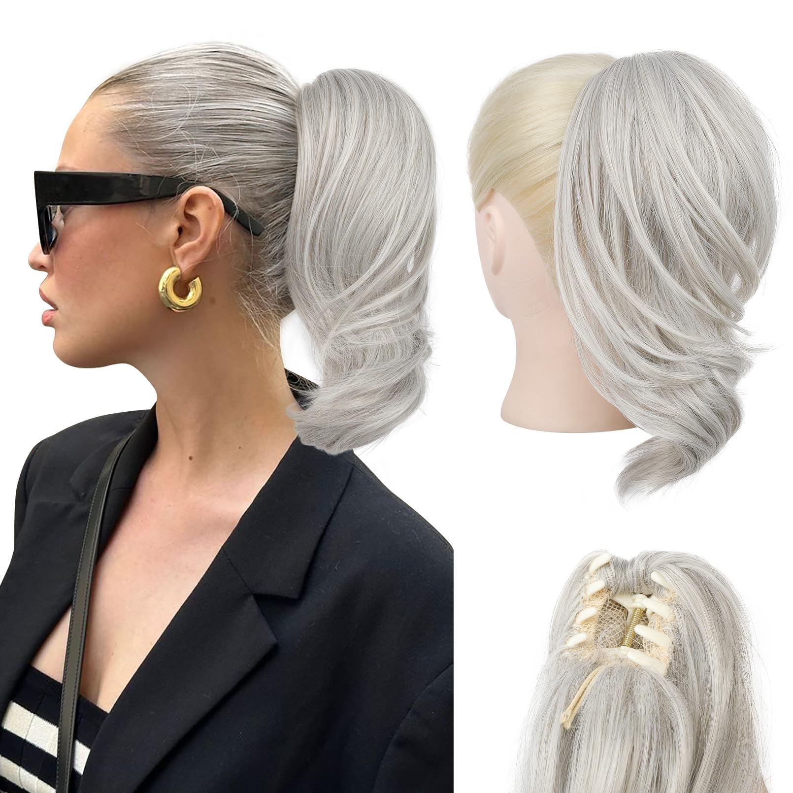 NTYNTY Ponytail Extension - 12" Claw Clip in Ponytail Hair Extensions Natural Soft Synthetic Natural Wave Pony Tail Hair Pieces for Women - Silver