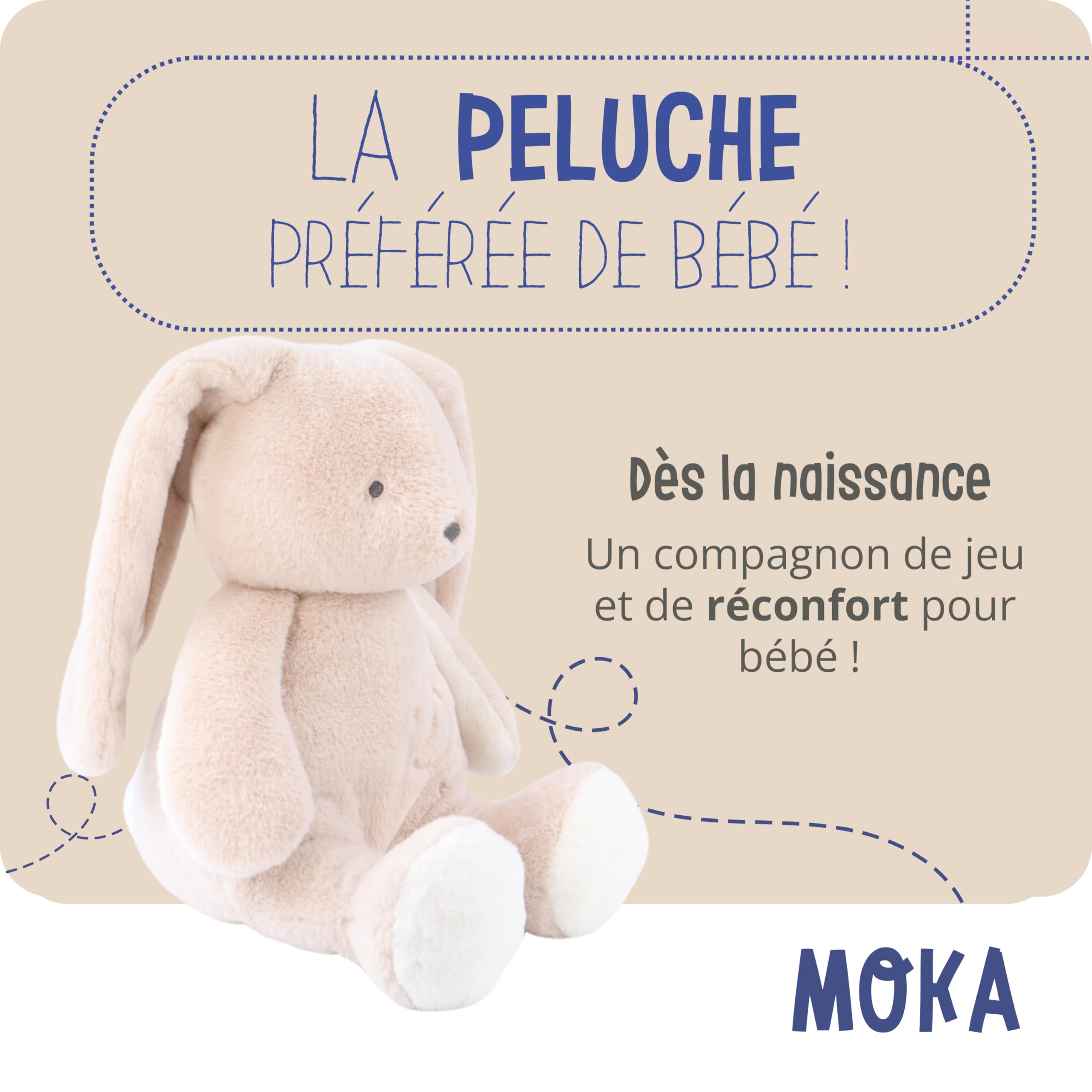 Noukie's - Peluche morbido - 80 cm - Large - coniglio beige moka - giocattolo per bambini e neonati - regalo di nascita