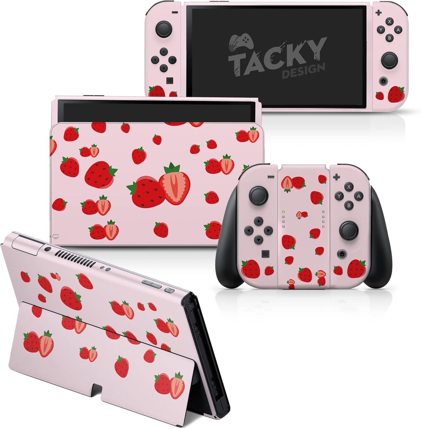Tacky Design Strawberry Skin Compatible with Nintendo Switch OLED Skin Wrap Cover, Pink Color for Switch OLED Stickers, Premium Vinyl 3M Full Wrap Decal (Nintendo Switch OLED (2021))