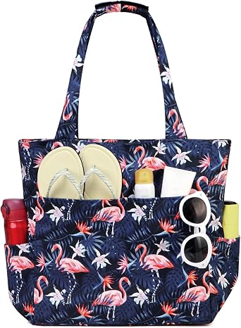 Kasqo Medium Beach Tote Bag for Women, 22L Sandproof Zipper Bag 8 Pockets