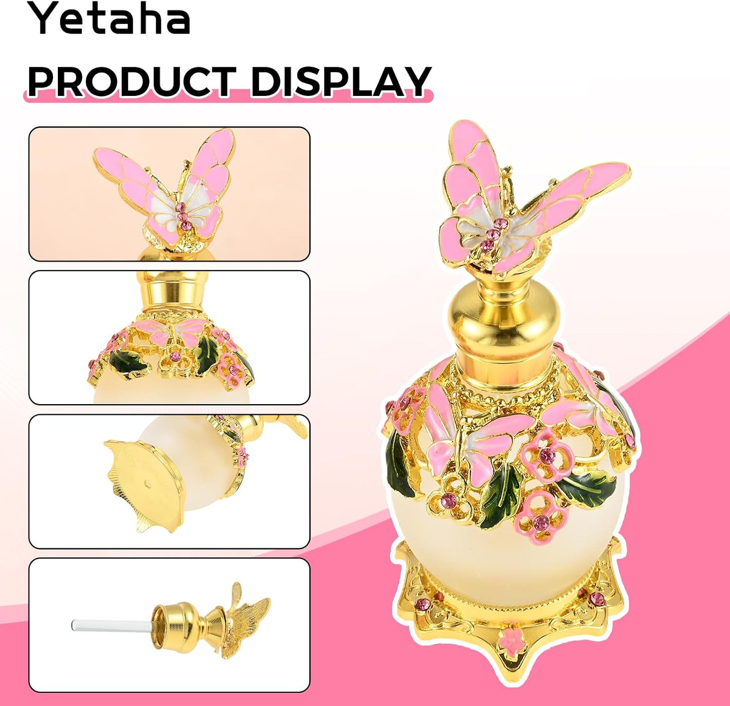 Yetaha Butterfly Gem Inlay Crystal Refillable Dropper Perfume Bottle