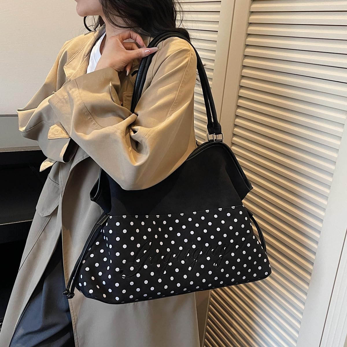 Polka Dot Bag for Women Mori Dimsum Bag Brown Tote Handbag Slouchy Hobo Bag with Drawstring on Both Sides Top Handle - Image 2
