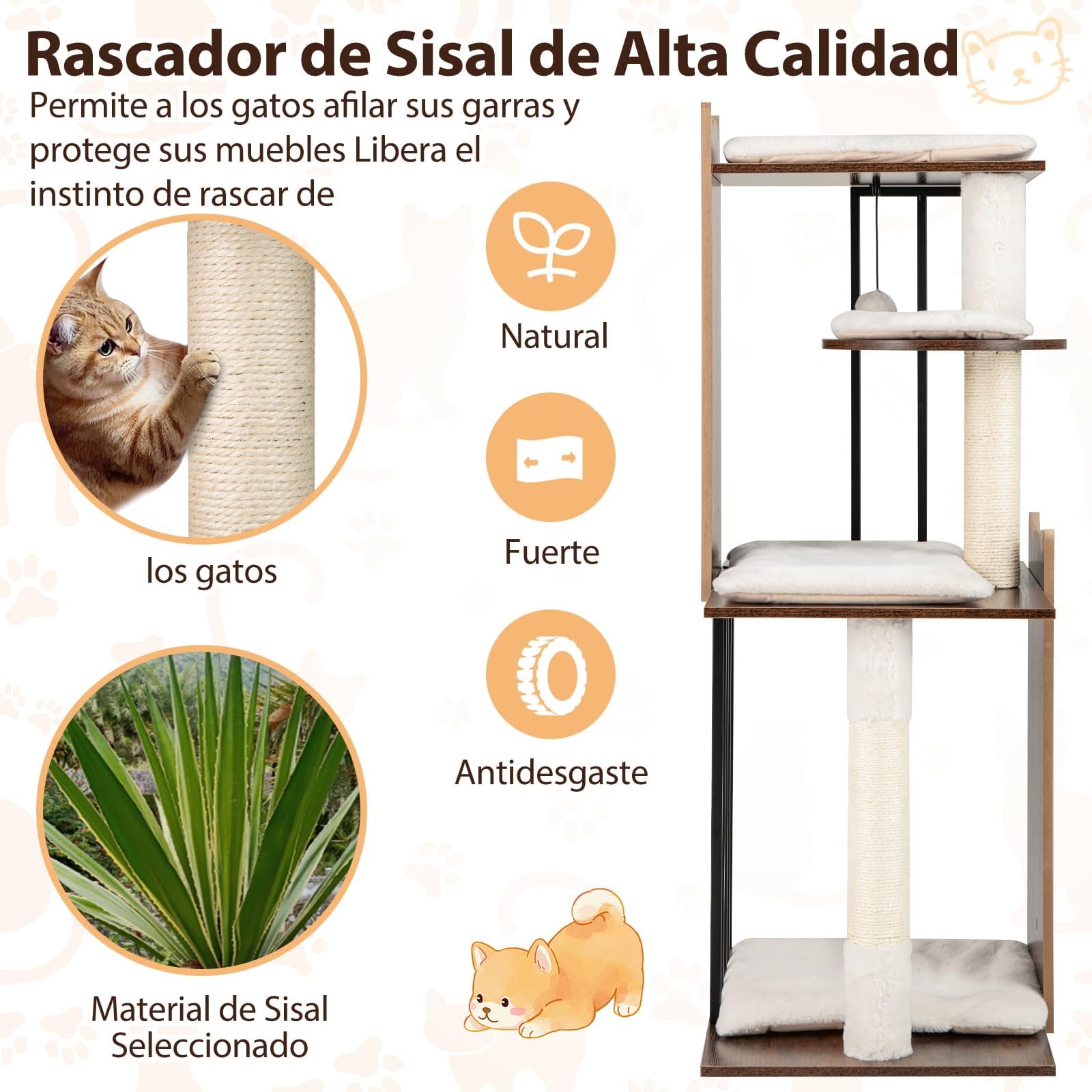 GYMAX Árbol Rascador para Gatos de Madera 112 cm, Torre para Mascotas de 4 Niveles con 4 Plataformas Diferentes, Rascador de Sisal y 2 Bolas Colgantes, Centro de Actividades con Cojines Extraíbles