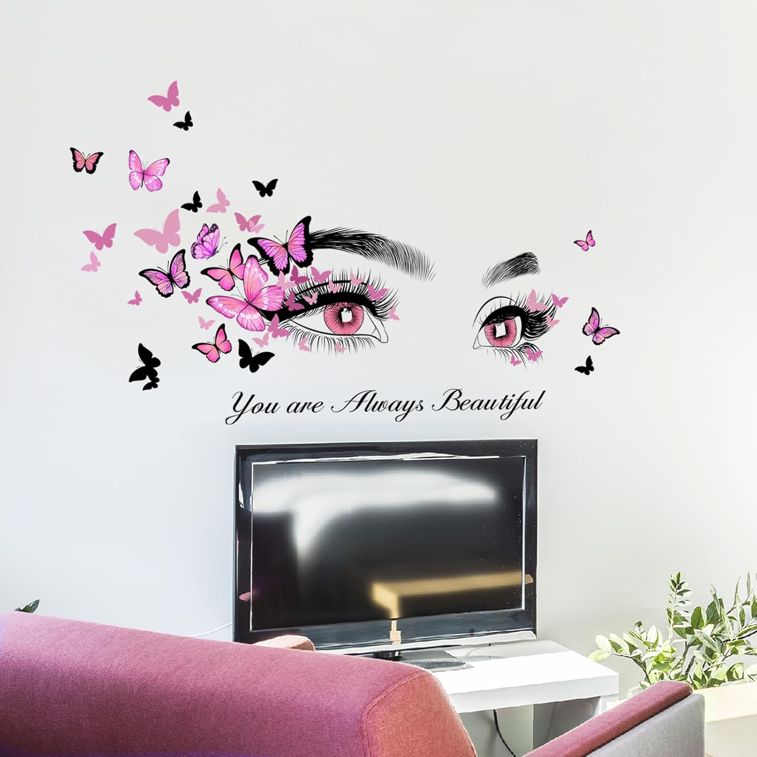 Beautiful Eyelash Eyes Wall Stickers Flying Butterfly Wall Decals You are Always Beautiful Quotes Wall-Decor Vinyl Art Butterflies Decor Stickers for Women Girls Bedroom Living Room Decor