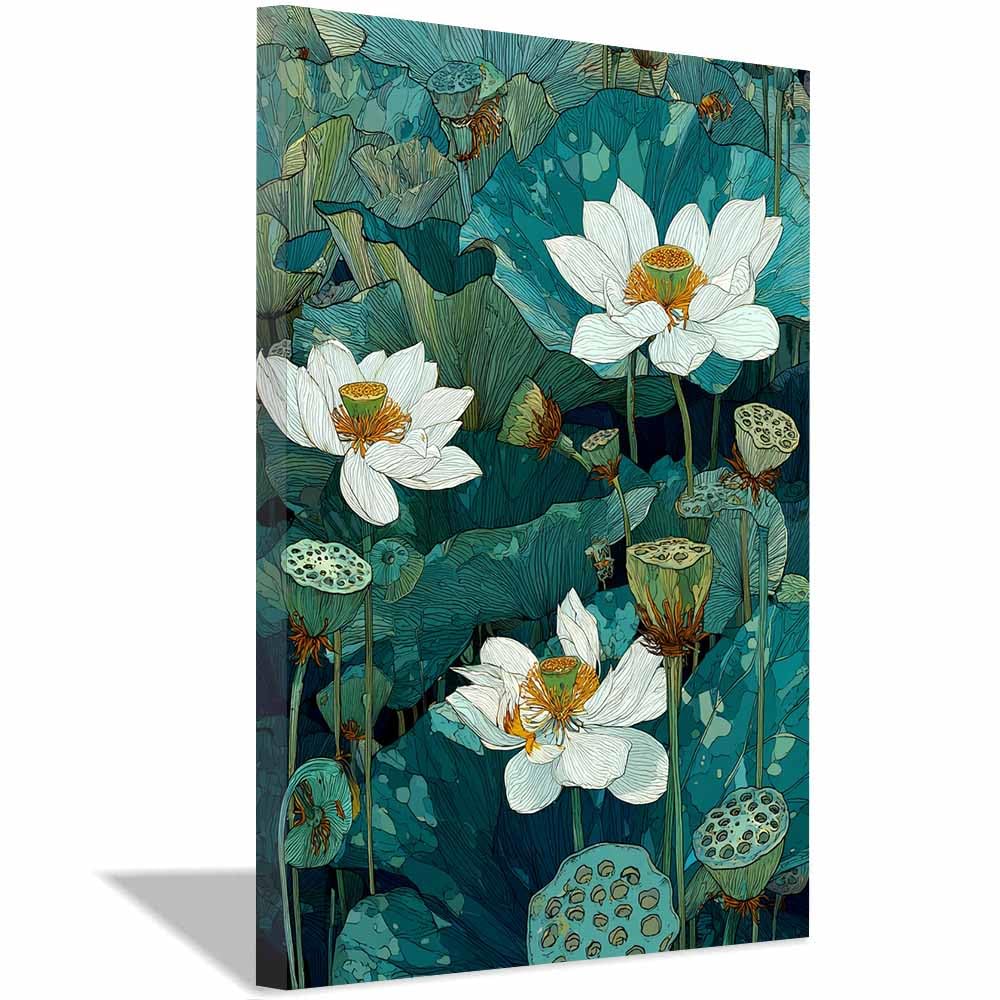 Xeniou Multicolor Flower Canvas Wall Art Whites Lotuses Botanical Canvas Wall Art, For Bathroom Living Room Bedroom Office Kitchen(Multicolor)-70X100cm Framed
