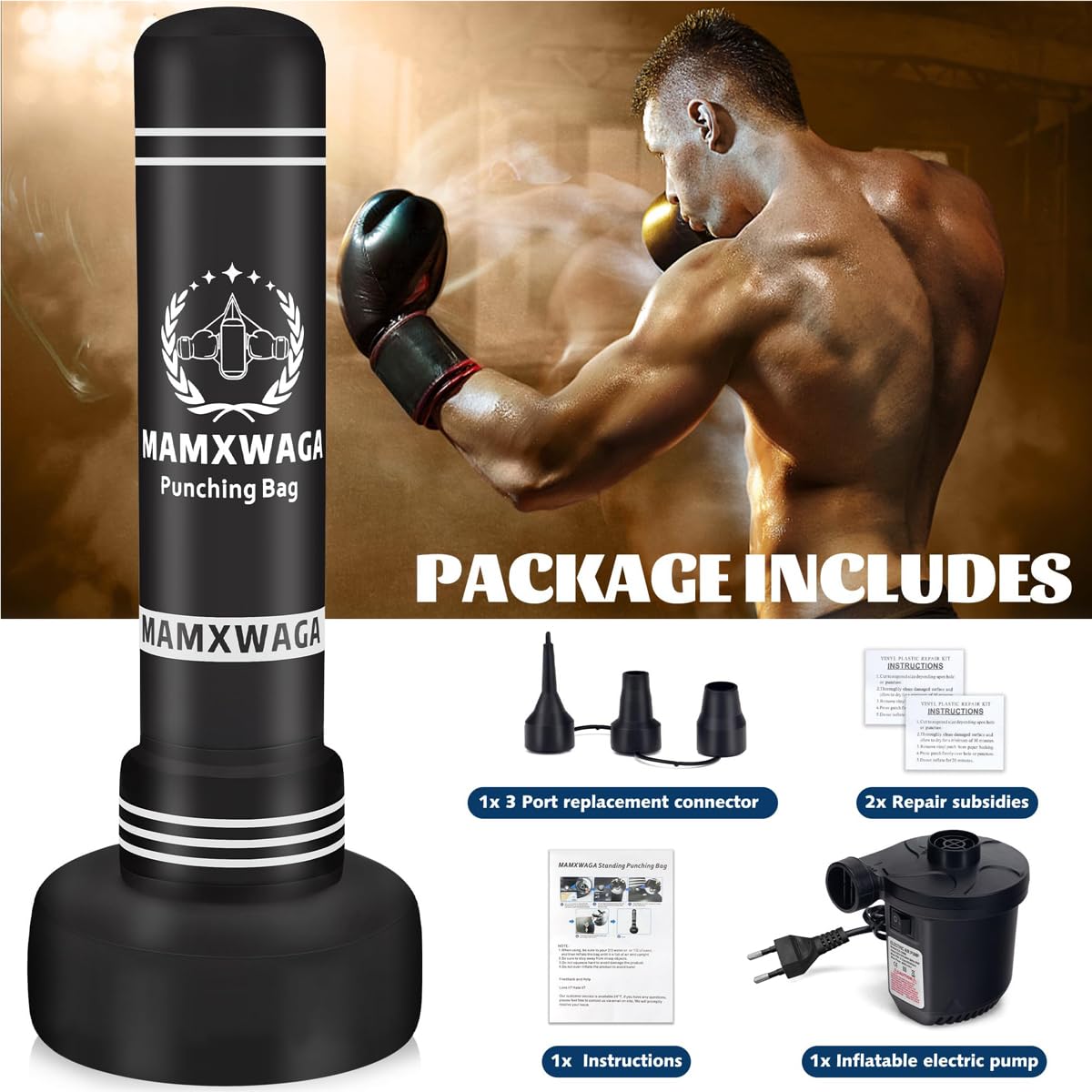 Sac de Frappe Adulte, 180cm Sac de Boxe avec Support Lourd Autoportant, Sacs de Kickboxing Gonflables pour l'entraînement des Adolescents et des Adultes Le Taekwondo MMA Muay Thai Kickboxing