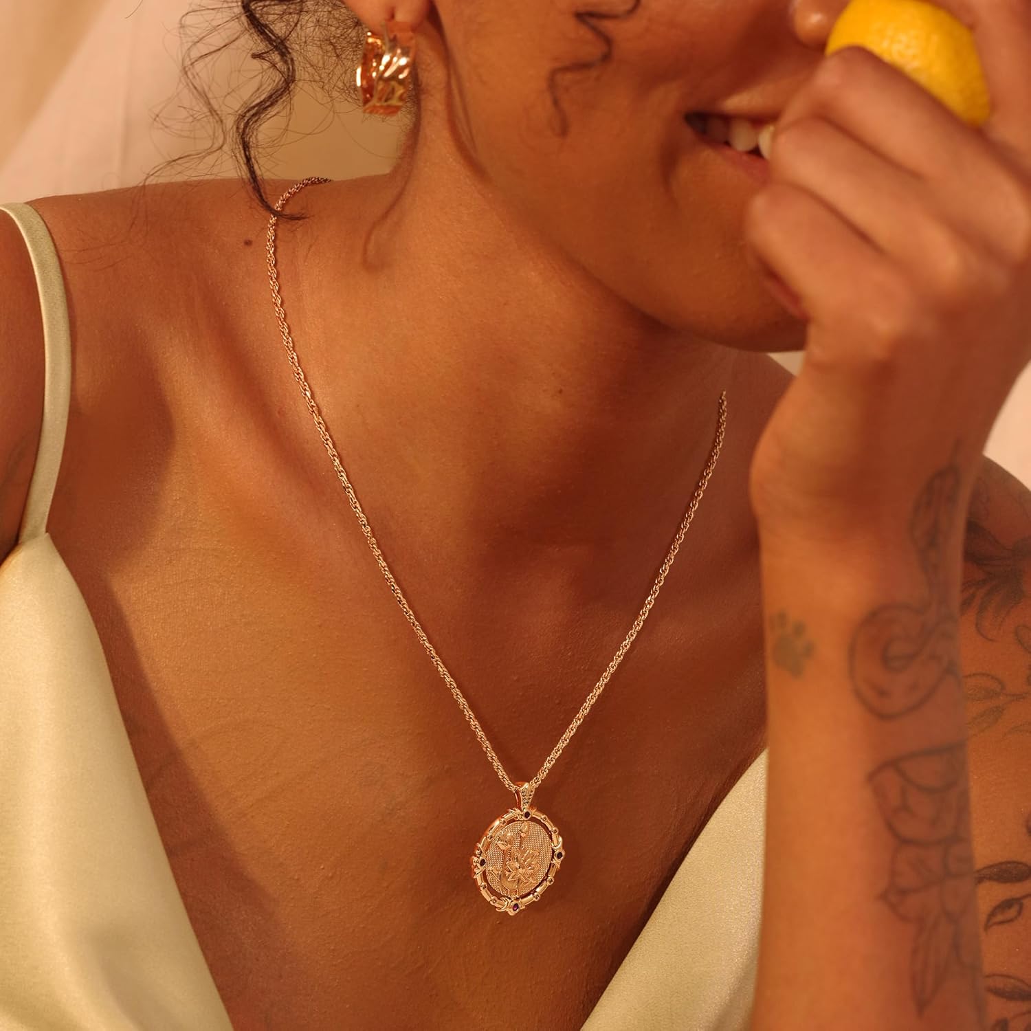 Fettero Gold Necklace for Women Birth Flower Necklace with Birthstone 14K Gold Plated Dainty Rotating Coin Pendant Necklace Personalized Birth Month Jewelry for Birthday Mother's Day Gift 12 Month - Image 4