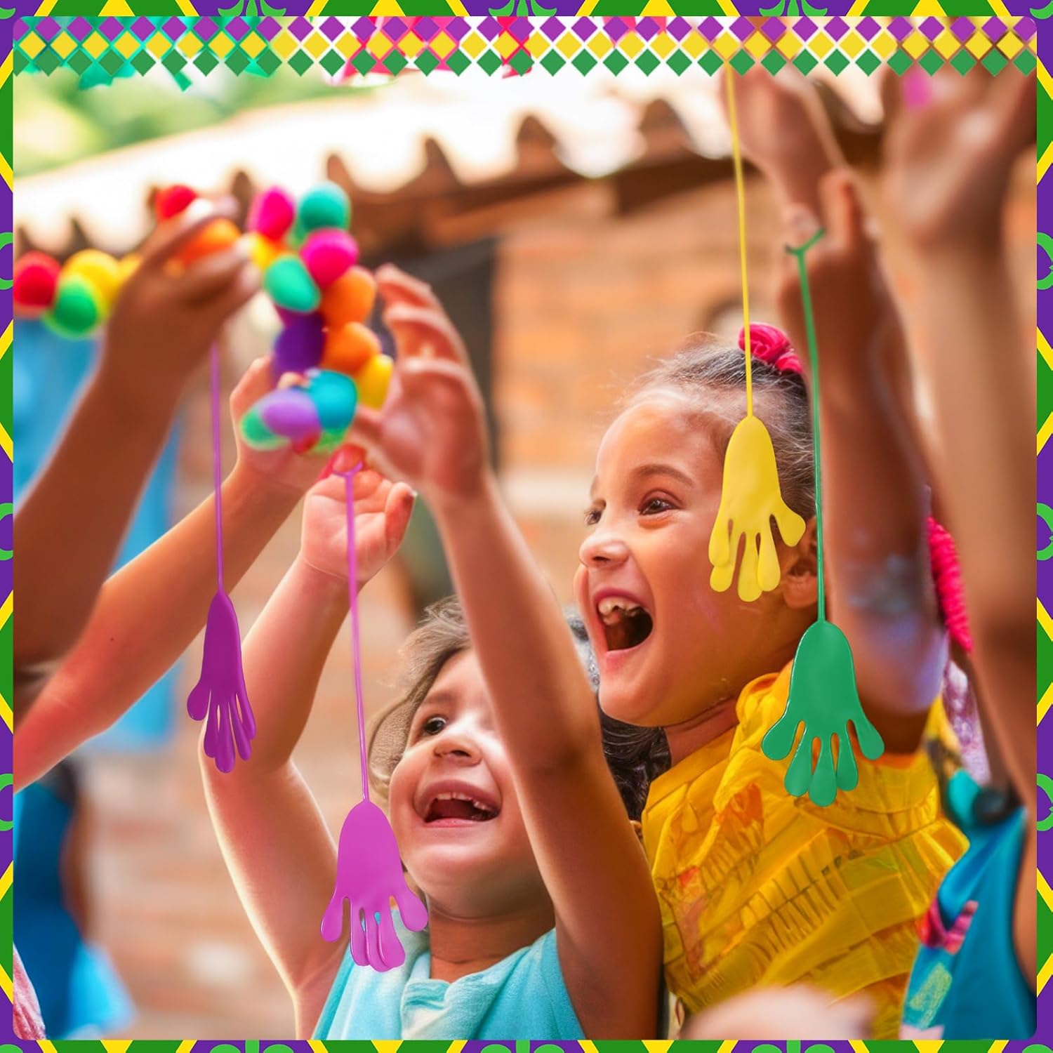 Realspring 300 Pcs Mardi Gras Throws Sticky Hands Carnival Party Favors for Kids Mardi Gras Party Supplies Mini Stretchy Slap Sticky Hands Goodie Bag Stuffers Carnival Treat Stuff(Purple Gold Green)