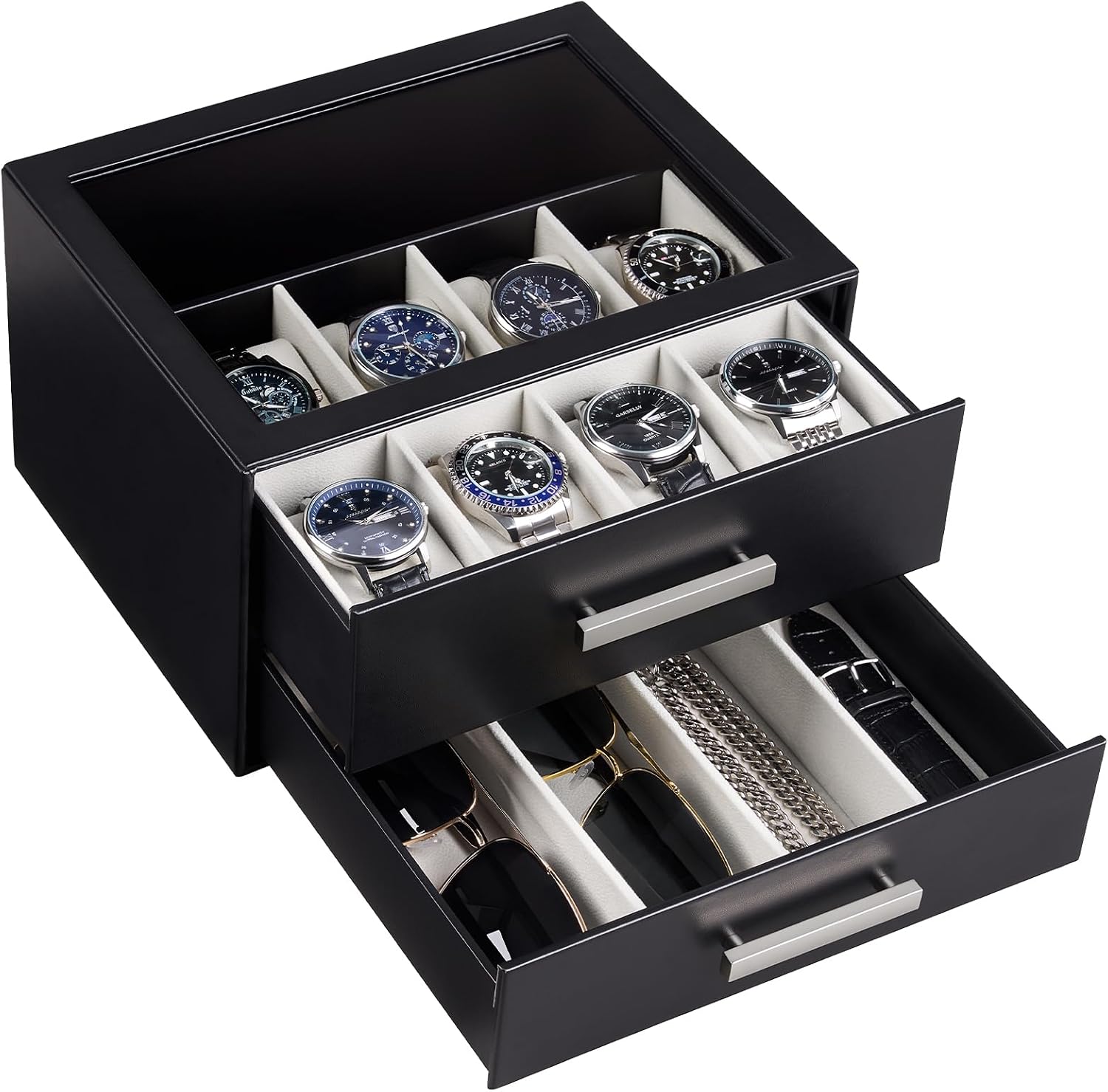 ProCase 8-Slot Watch Case for Men, 2-Tier Pull-Out Drawers Sunglasses Box