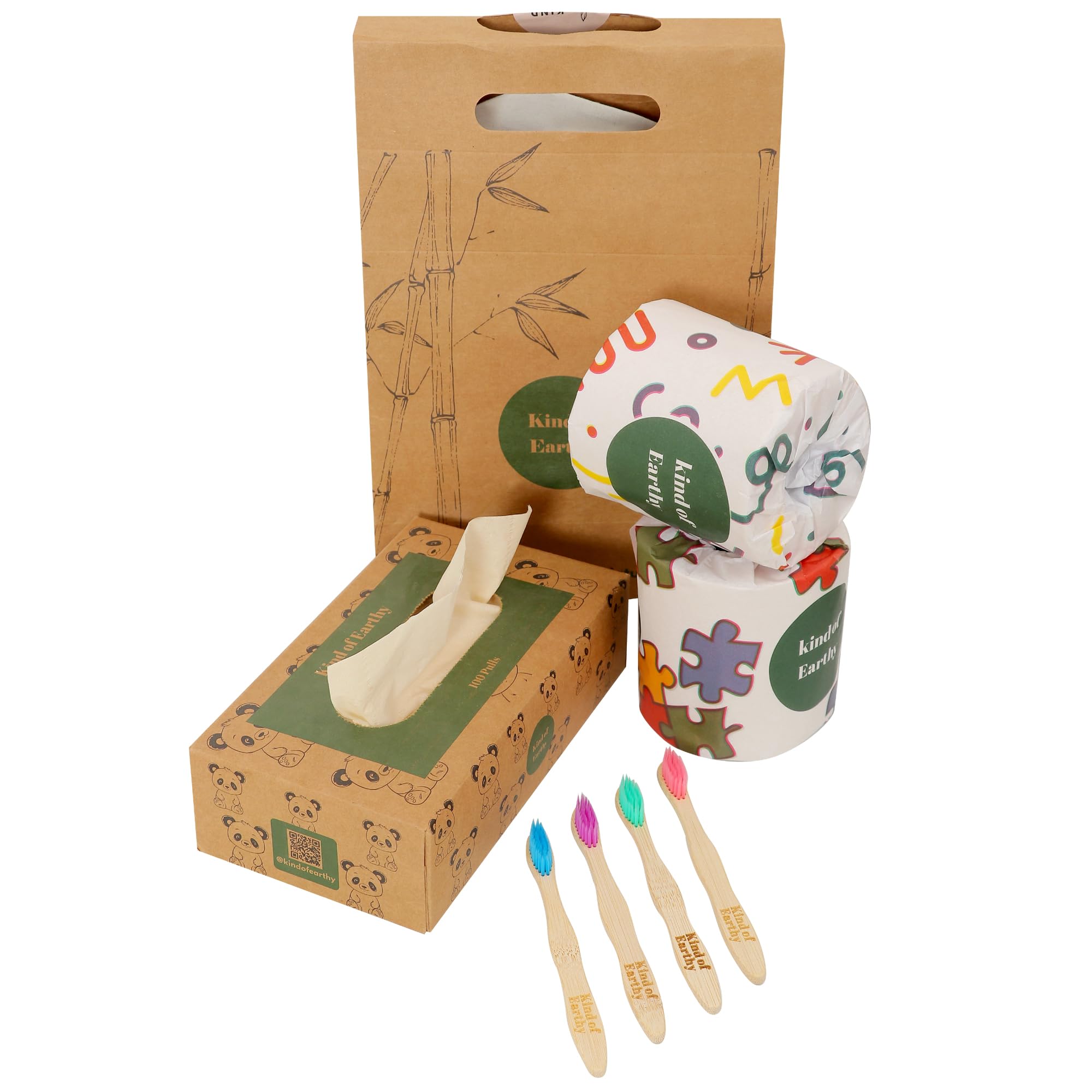 Kind of Earthy Eco Junior Gift Pack, Sustainable Gift Set for kids bathroom, 4 Bamboo Toothbrush, 2 BamboomTissue Roll, 1 facial tissue box (7 pieces)-image-9