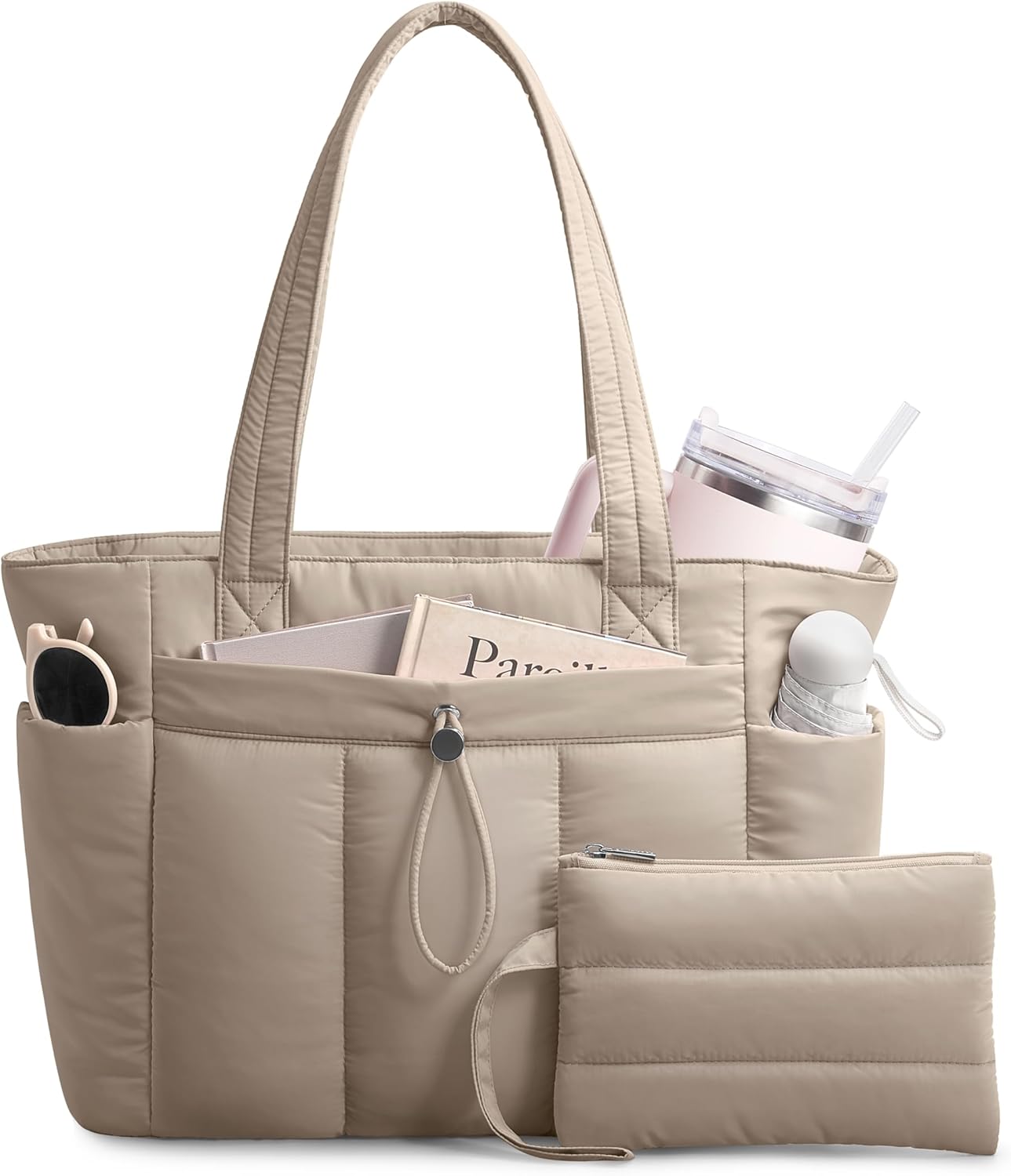 TOPDesign Puffy Tote Bag for Women with Cup Holder & Laptop Compartment & Cosmetic Bag & Trolley Sleeve for Work, Travel
