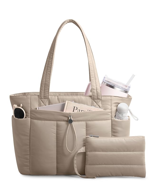 TOPDesign Puffy Tote Bag for Women with Cup Holder Laptop Compartment Cosmetic Bag Trolley Sleeve for Work Travel