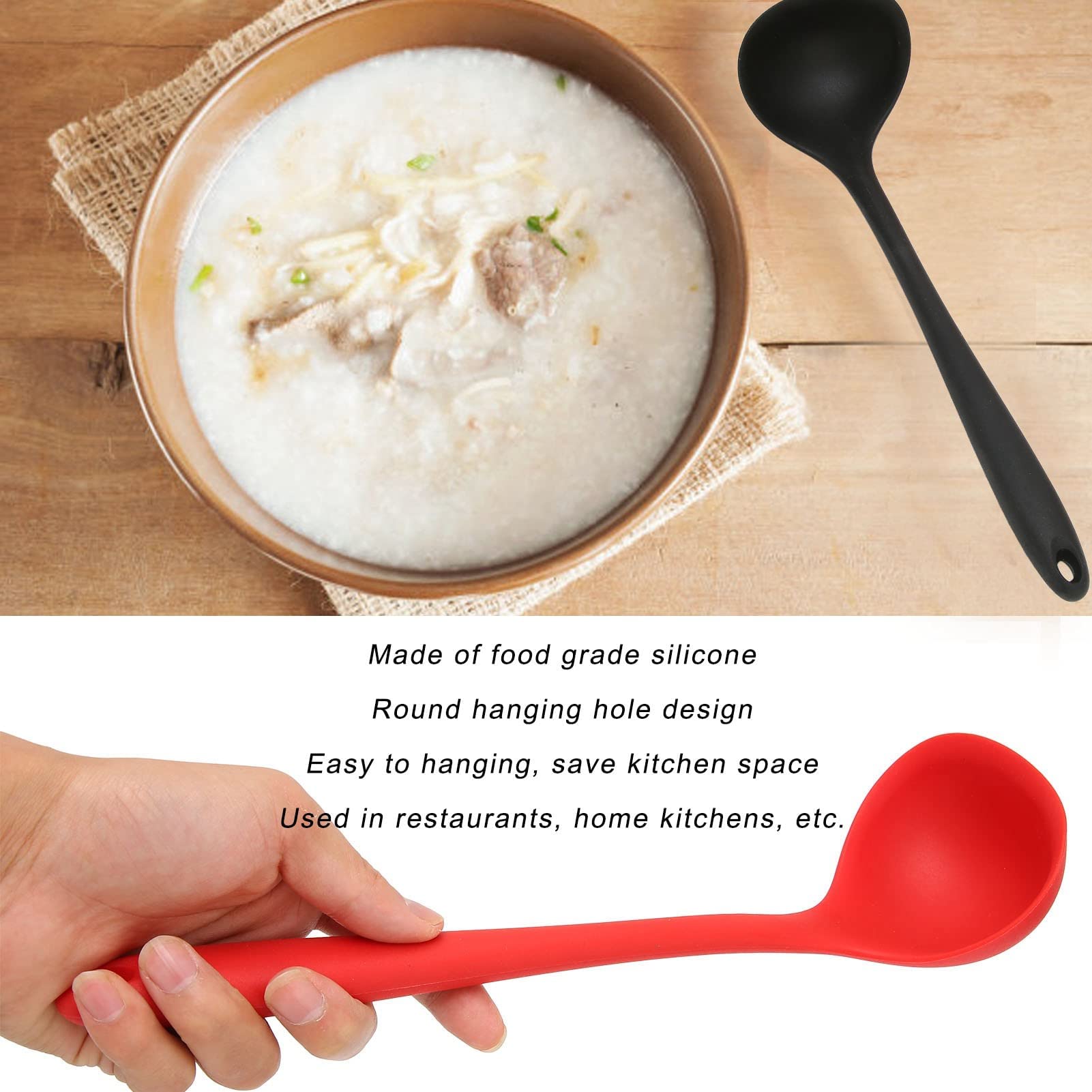 Set Da 4 Mestoli Per Zuppa In Silicone – Anti Graffio – Manico Lungo – Colori Nero E Rosso
