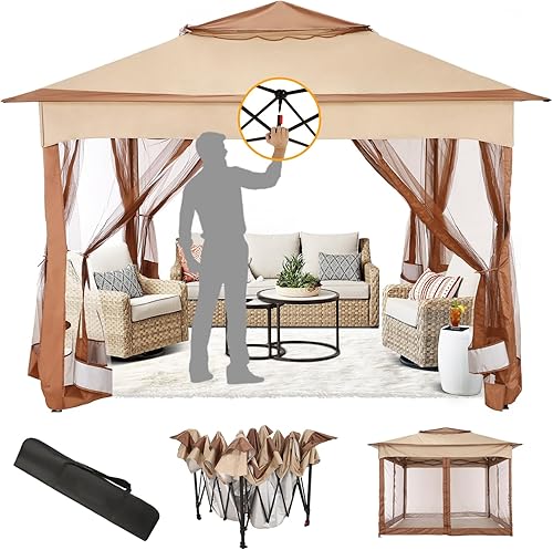 Miniatura 18 de COBIZI - Tienda desplegable de 3,66 x 3,66 metros en oferta - Cenador portátil de metal para exteriores con mosquitero, impermeable - Cenador Caqui