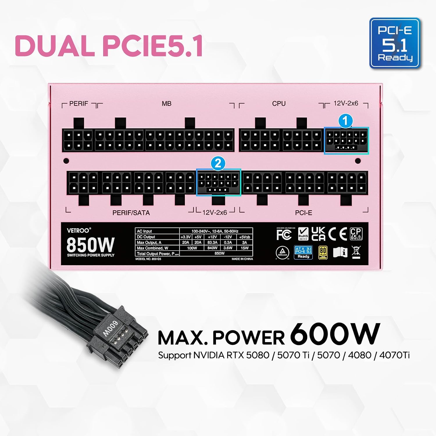 Vetroo 850W Power Supply Dual PCIe 5.1 ATX 3.1 Ready, 80 Plus Gold Full Modular, Quiet Operation with 120mm FDB Fan, 10-Year Warranty -Pink - 2