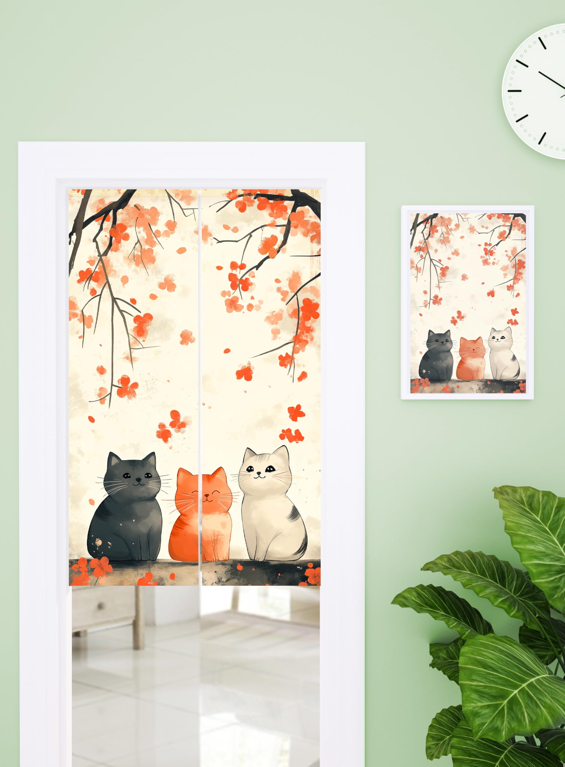 ChangTsing Japanischer Stil dick Leinen Noren Lang Vorhänge 85 x 150 cm Baumwolle und Leinen Japanischer Türvorhang Süße Katze - 4 für Küche, Schlafzimmer, Badezimmer