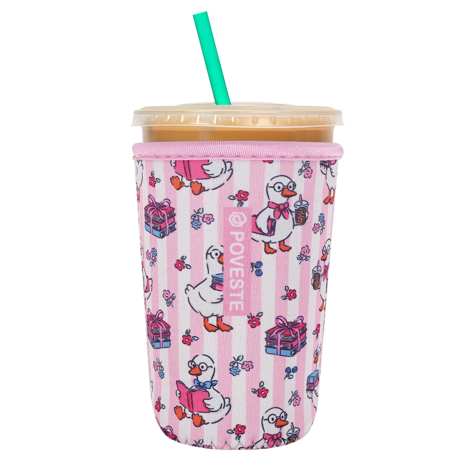 Reusable Neoprene Insulator Sleeve for Iced Coffee &amp; Cold Soda, Coffee Sleeves for Iced &amp; Hot Drinks, Cold Beverage Cooler Compatible with Starbucks, Dunkin (Reading Goose, Medium: 22-24oz)