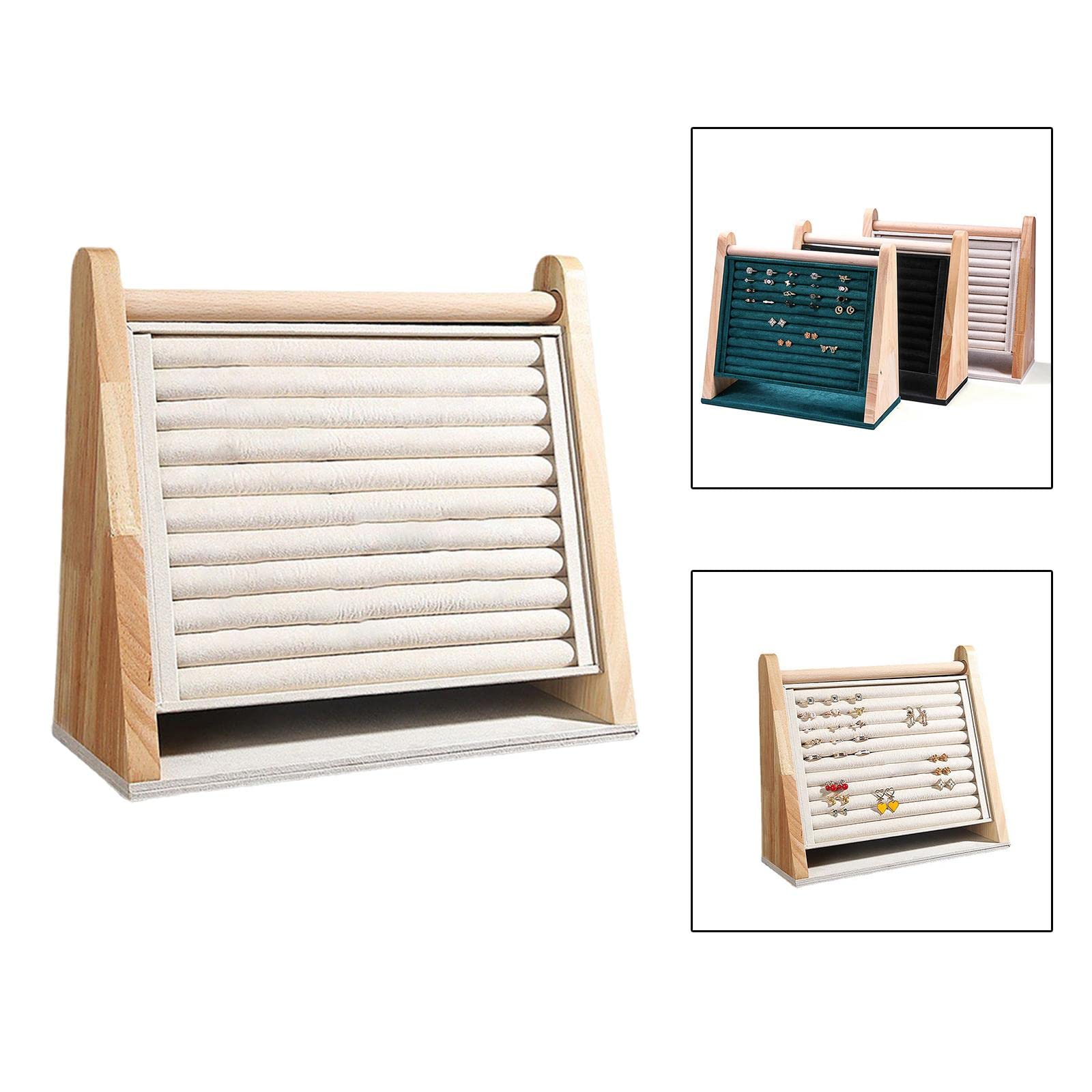 DYNWAVE Wooden Rings Display Stand Tray, 10 Slots Flannel Large Capacity Vertical Storage Holder for Earrings Rings Show Retail Selling, Beige