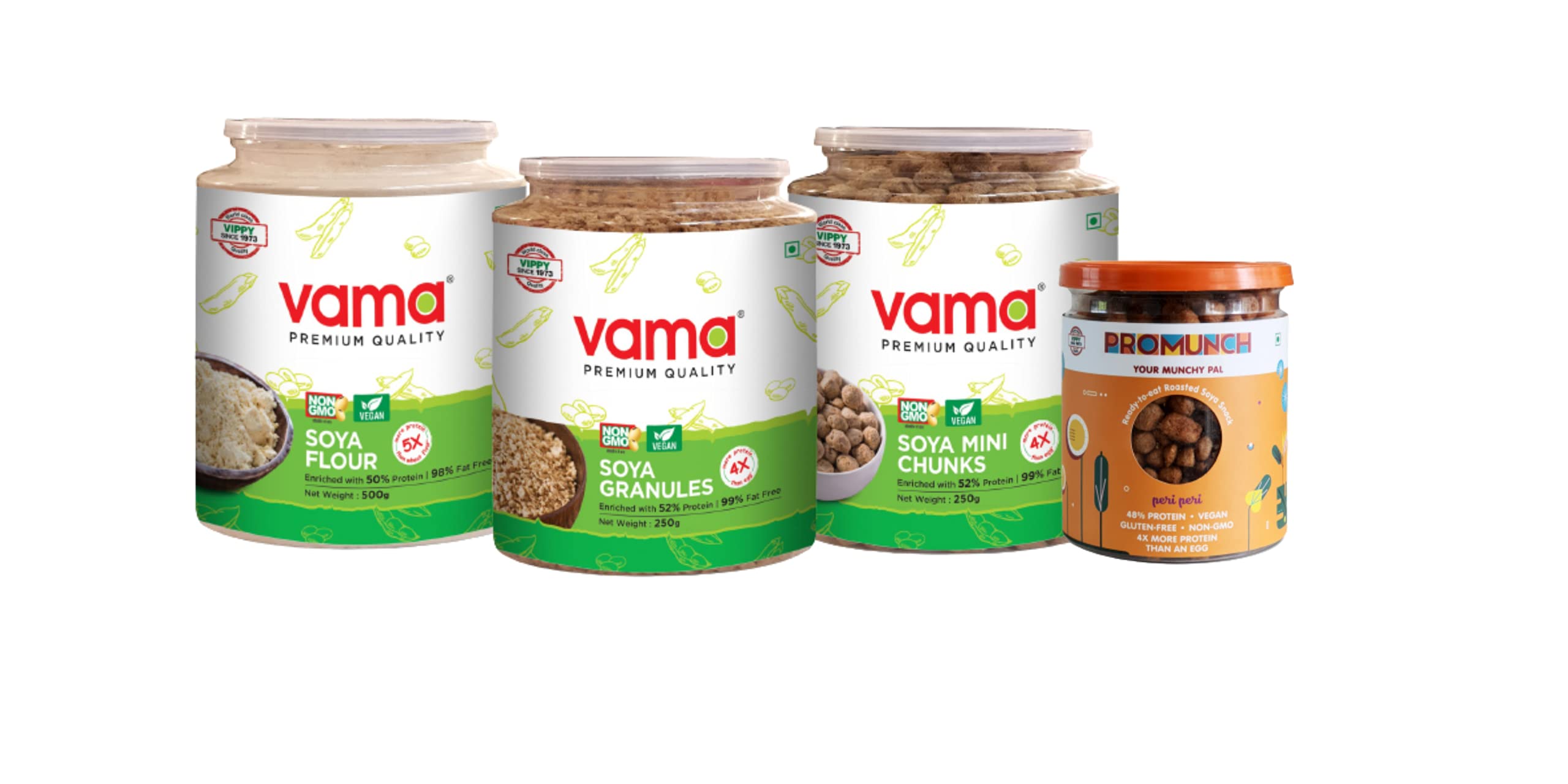 Vama Soya Family Pack (Soya Flour 500g, Soya Mini Chunks 250g, Soya Granules 250g & Soya Peri Peri Flavored Munchies-150g)