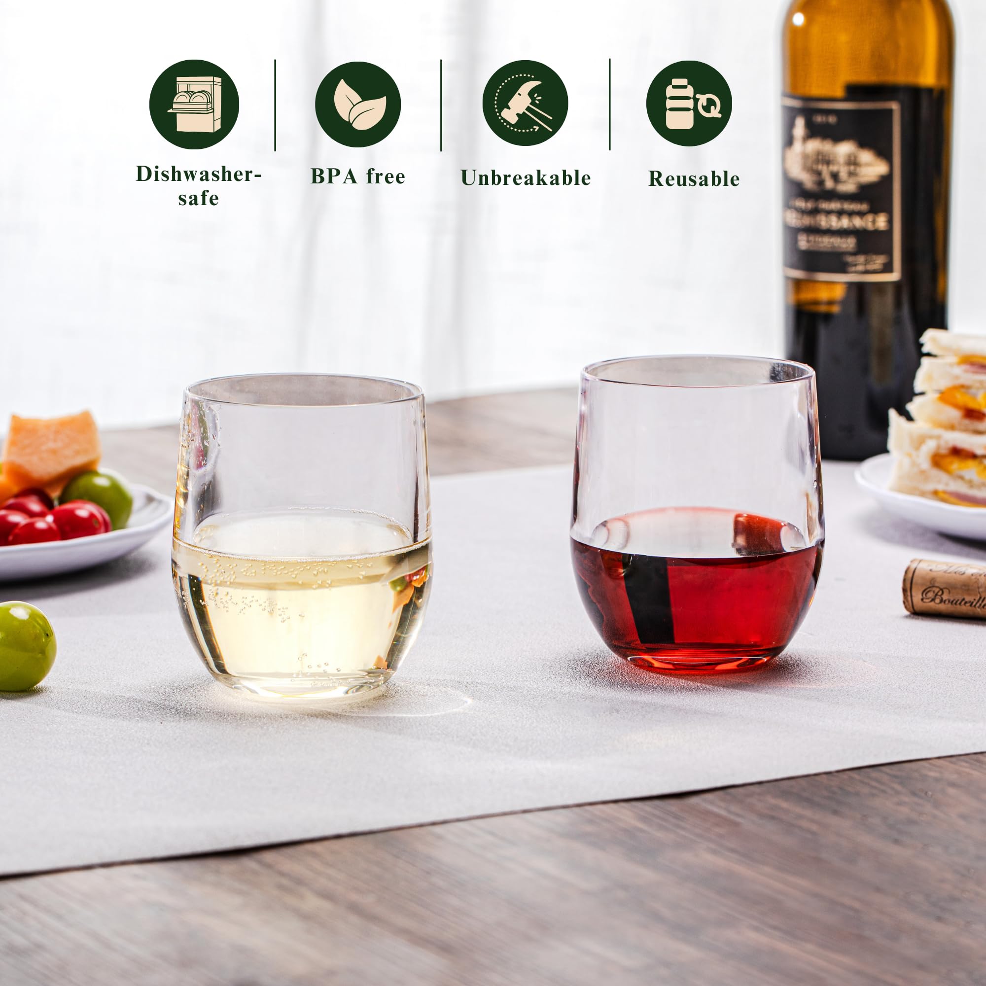 Vasos de vino transparentes gruesos sin tallo de 14 onzas (juego de 6), vasos acrílicos a prueba de roturas, vasos de barra de plástico reutilizables, sin BPA, aptos para lavavajillas