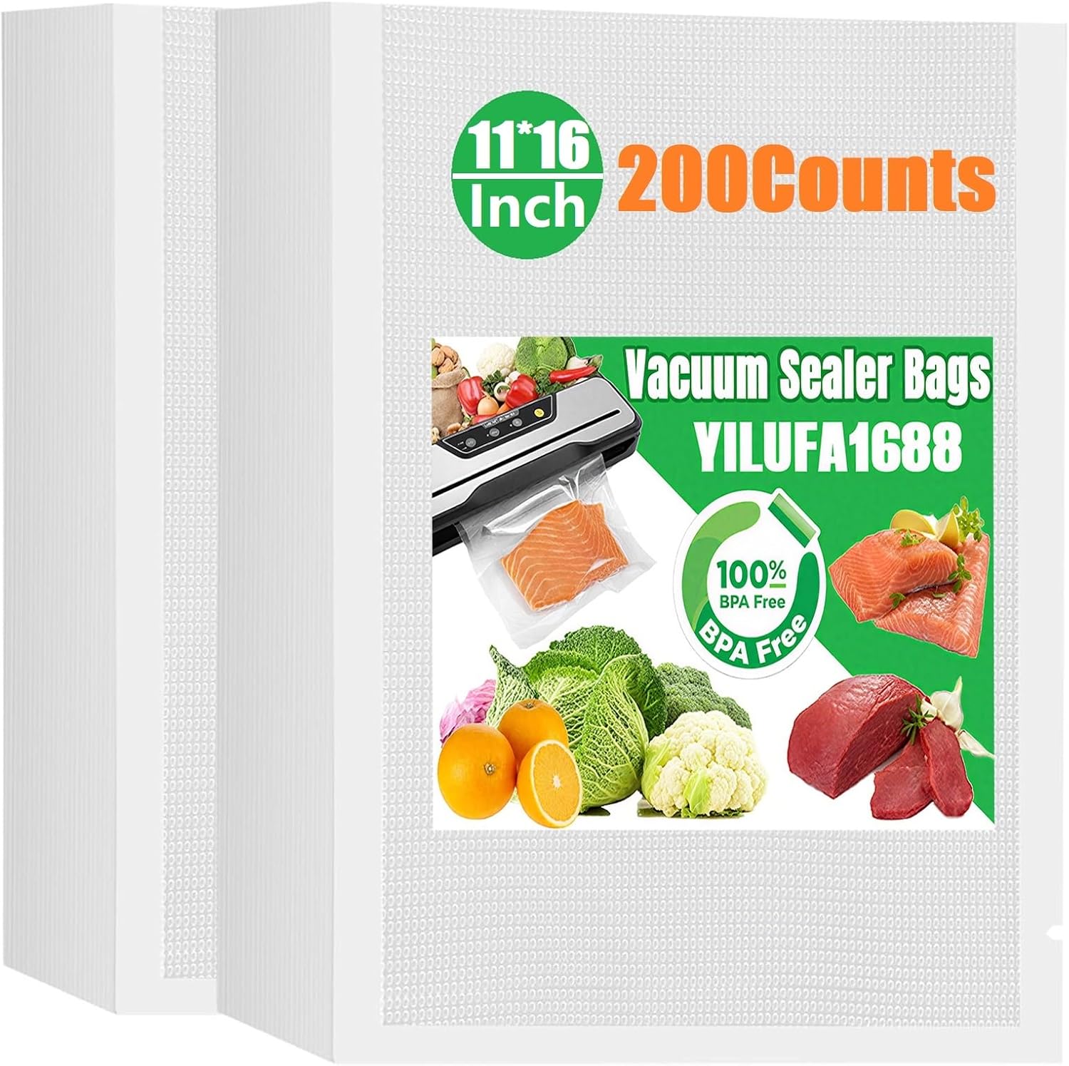 Vacuum Sealer Bags for Food - 200 Pack Gallon Size 11"x16" Vacuum Seal Bags| Commercial Grade BPA-Free | 6X Longer Freshness Airtight | Fits All Clamp Machines | For Food Saver, Freezer & Sous Vide