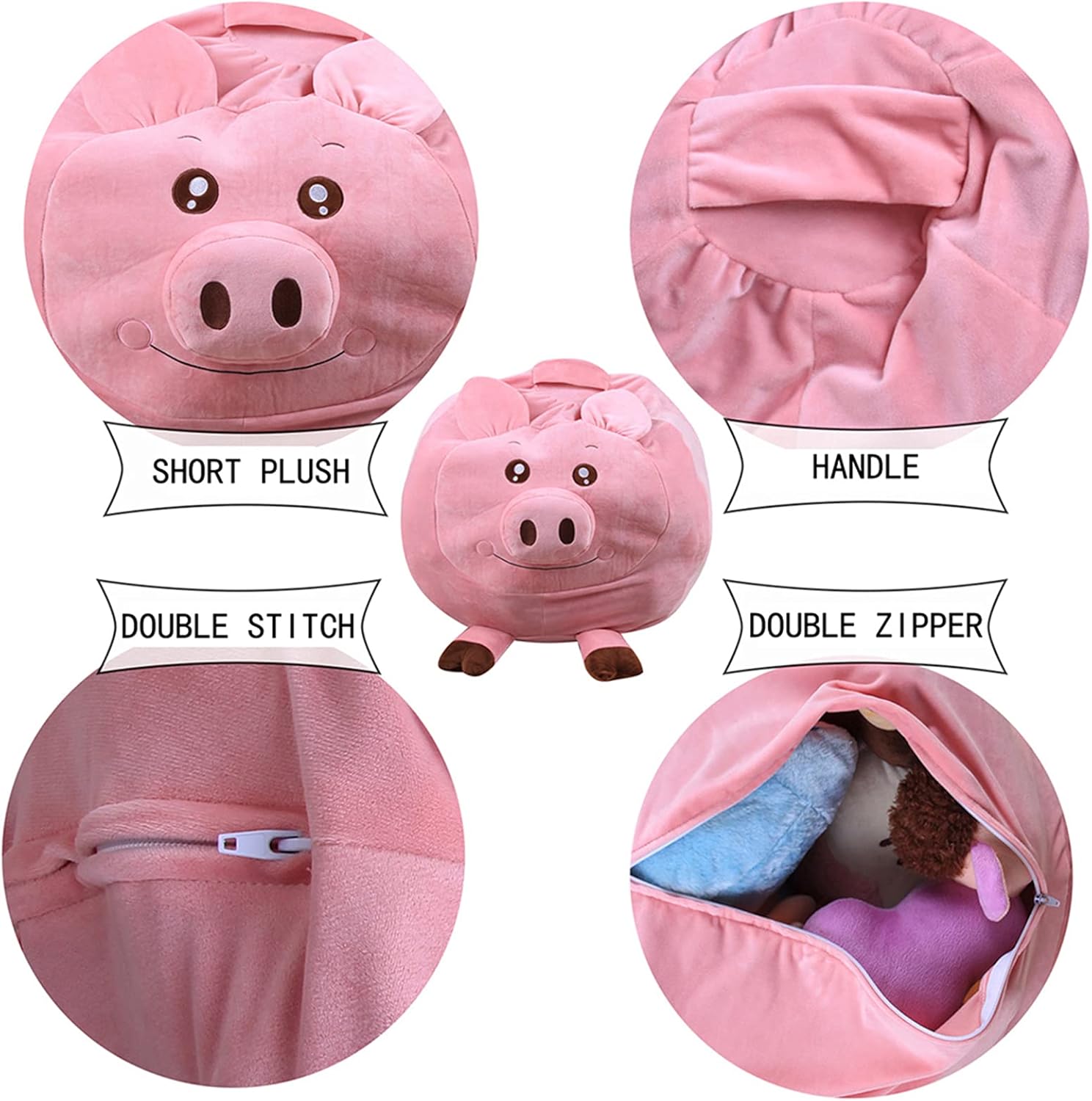 LDIW Organization for Kids Toy Storage, Stuffed Animal Storage Zipper Bean Bag Chair Floor Lounger Cover for Kids, Without Filling,Pig