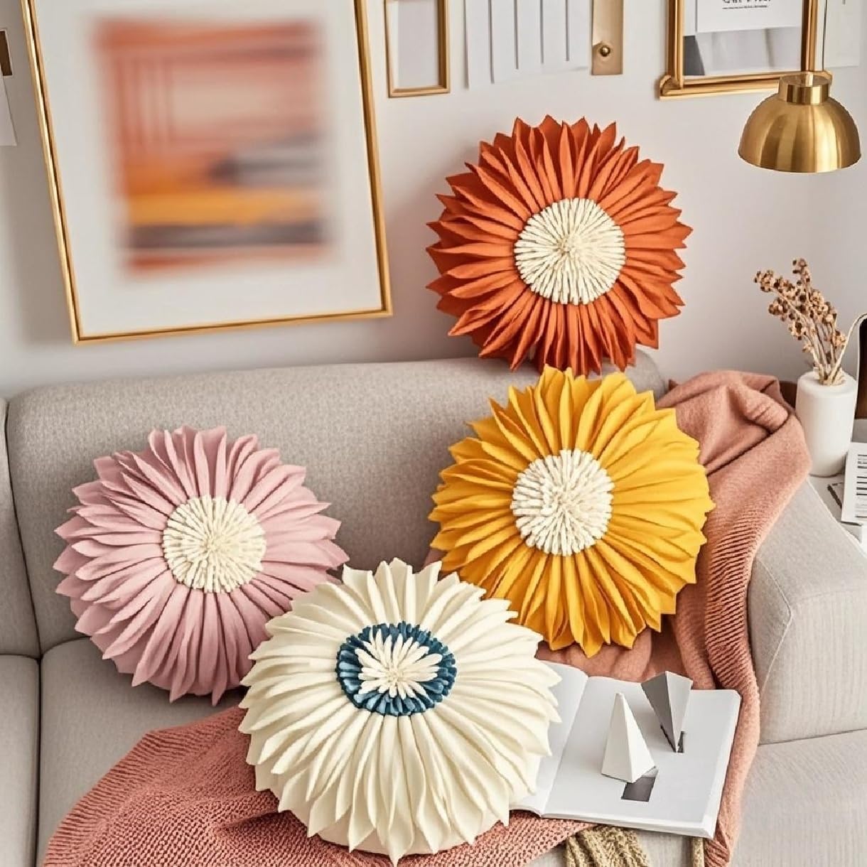 WAIUYIA Flower Shaped Throw Pillow, Soft Round Flower Cushion, Handmade Decorative Plush Petal Pillow for Bed Sofa Car Couch (Yellow,17.7 inch)