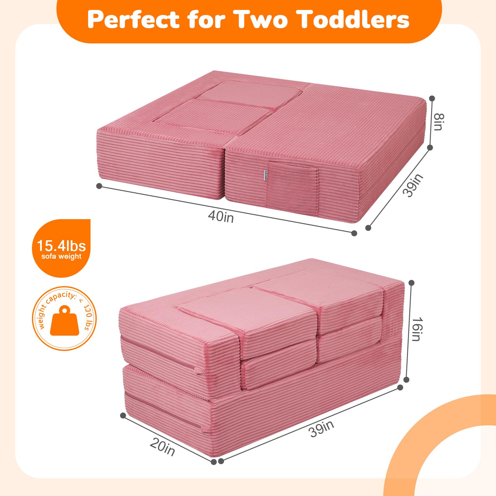 MeMoreCool Divano per bambini in velluto a coste, pieghevole in gommapiuma, mini divano modulare per cameretta e camera da letto, rosa