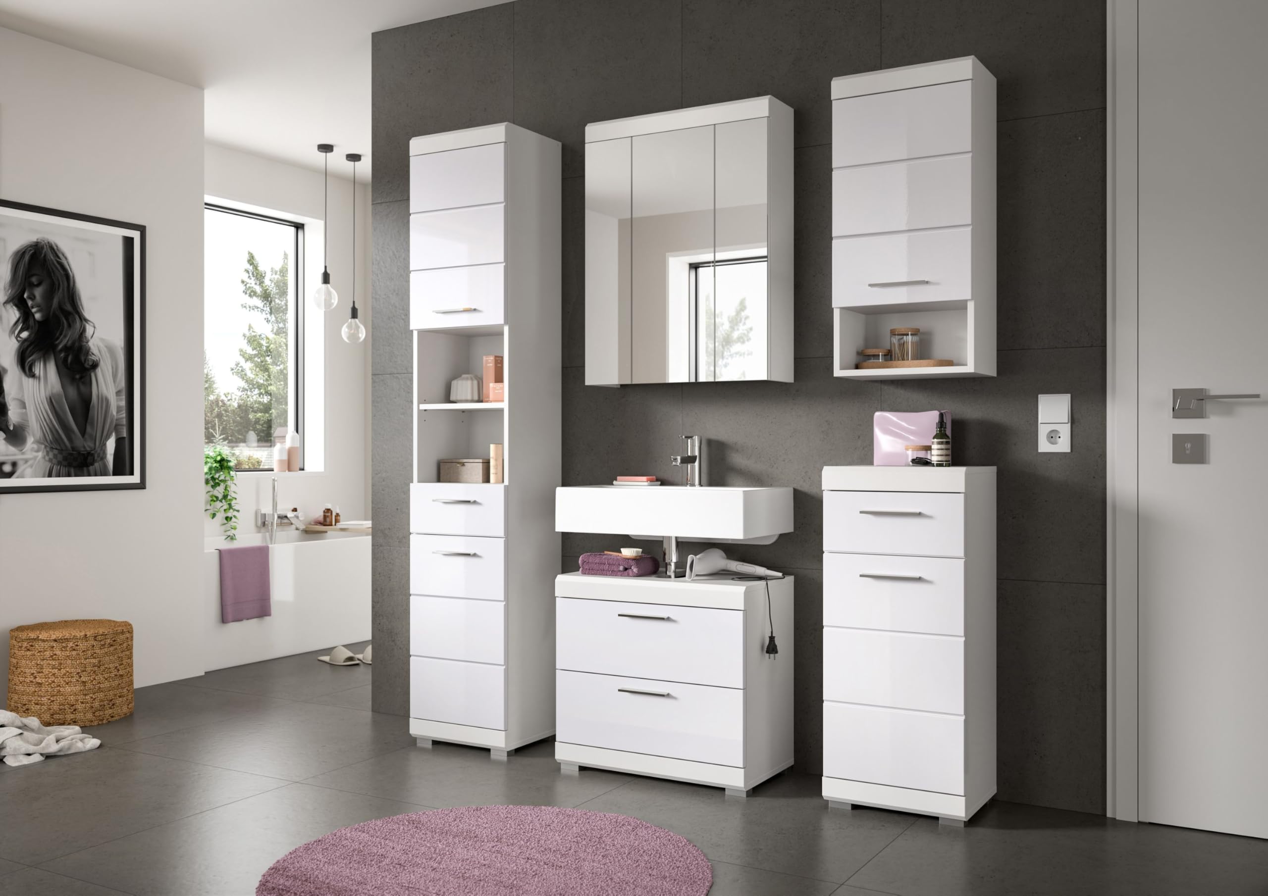 xonox.home - Hängeschrank Linus 30x77x23 cm in weiß und weiß Hochglanz - Badezimmerkombination Badmöbel Badset - Pflegeleichte Oberfläche funktional und hochwertig verarbeitet