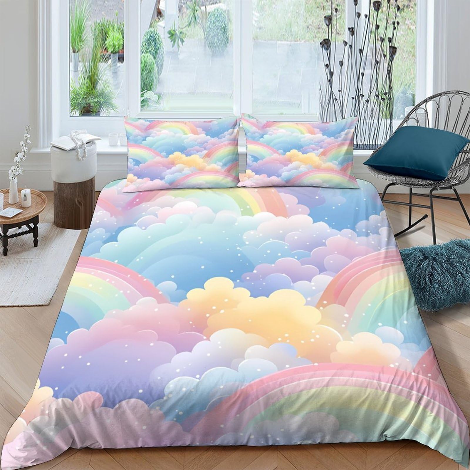GPLZQXKJNH 3D Printed Rainbow Clouds Duvet Cover Microfiber Soft Pastel Dream Bedding Set with 2 Pillowcases for Bedroom Decor Single（135x200cm）