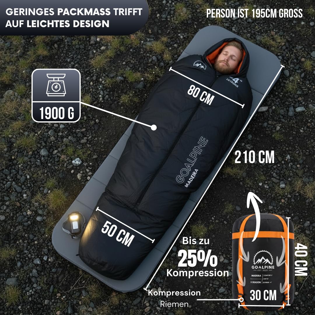 GOALPINE® Madeira Schlafsack für große Personen | 4 Jahreszeiten | mit Armöffnung | 400 GSM 0-10 Grad Komfort | wasserabweisend | kleines Packmaß | Atmungsaktiv | Mumienschlafsack | Trekking