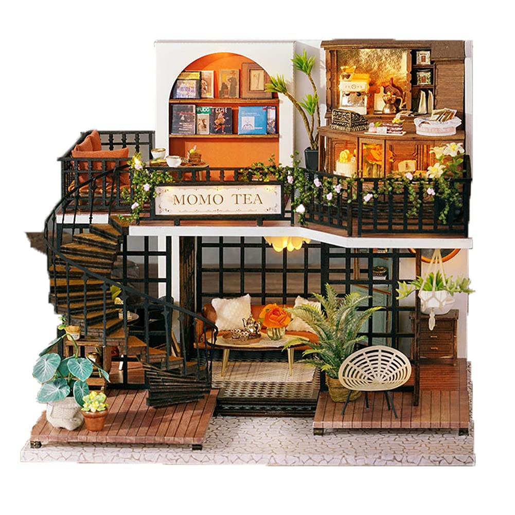 Kit di mobili fai da te per casa delle bambole in miniatura, in legno, mini casa verde con costruzione a LED, set da gioco per ragazzi e ragazze (Forest Teashop)