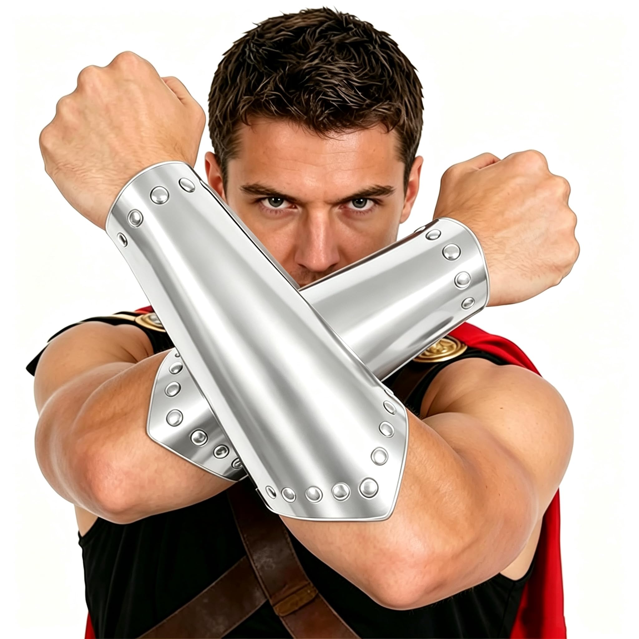 Qchomee Medieval Leather Arm Bracers Guard for Men Women PU Rivet Roman Gladiator Arm Cuff Viking Knight Costume Wrist Guards for Halloween Cosplay LARP Fancy Dress, 1 Pair (Sliver with rivets)