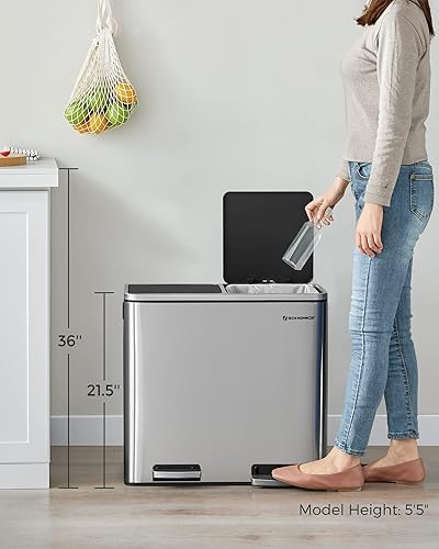 Miniatura 7 de SONGMICS Bote de basura, 2 botes de basura doble de 6.3 galones (2 x 24 litros), cubo de reciclaje de pedal con tapas y cubos interiores para