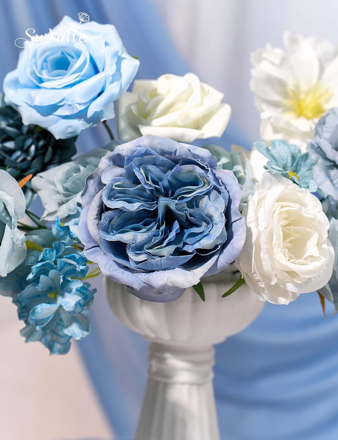 Light Blue Flowers Artificial Roses Combo Set Fake Blue Silk Flowers Faux Peony Flowers Mix Hydrangea Dahlia with Stems for Wedding Bouquets Baby Bridal Shower Party Floral Arrangements Decor