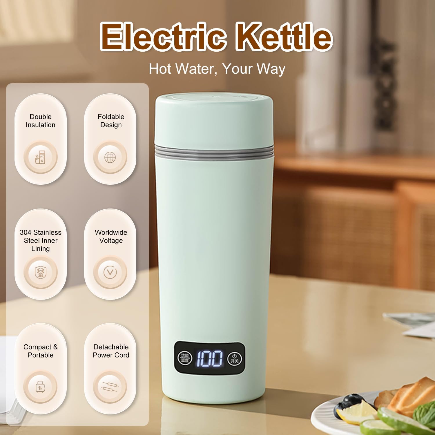 Car Water Heating Mug 12V-24V, 304 Stainless Steel, 4 Temp Settings (113/140/176/212℉) with Digital Display, Double Anti-Scald, for Car/Truck/SUV, Travel Essential white
