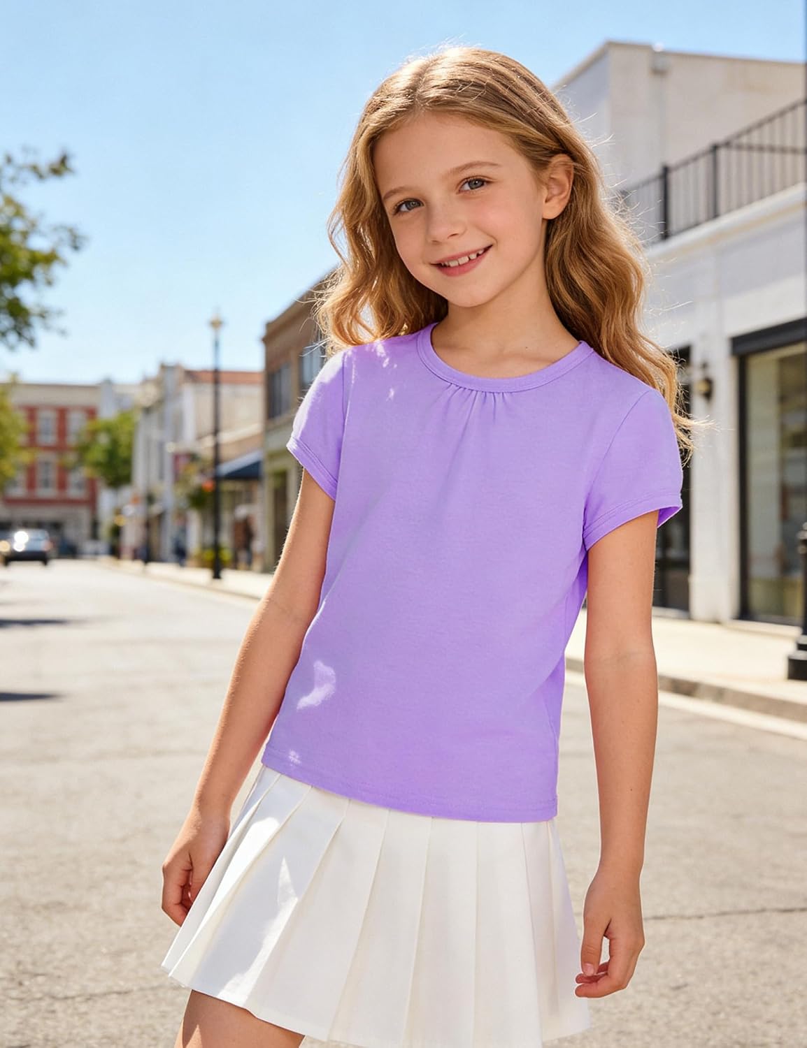 3 Pack Girls Short Sleeve T-Shirts Pleated Neck Tee Shirts Summer Tops for Girls Size 5-12 Years